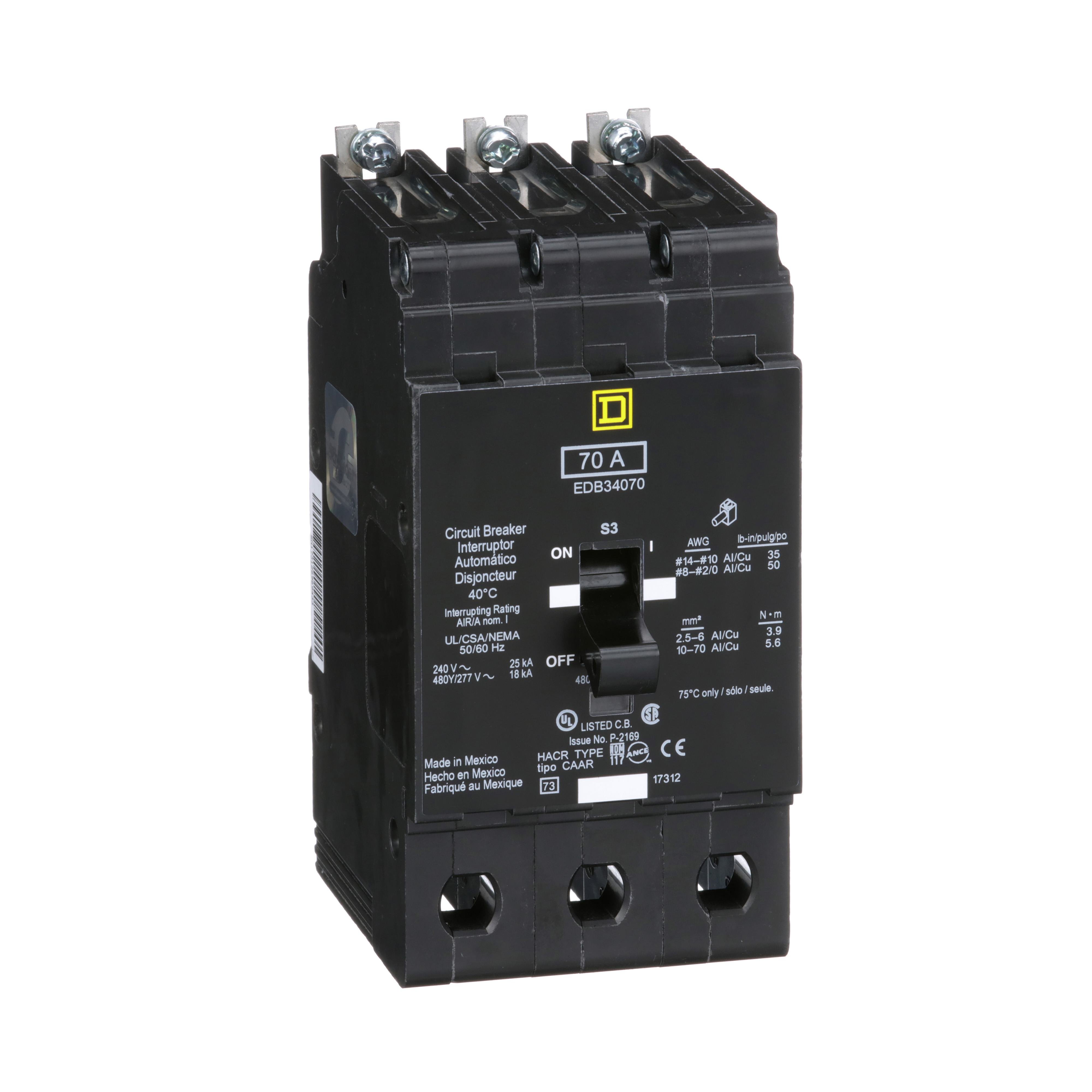 EDB34070 - [TAA] Mini circuit breaker, E-Frame, 70A, 3 pole, 480Y/277VAC, 25kA max, bolt on