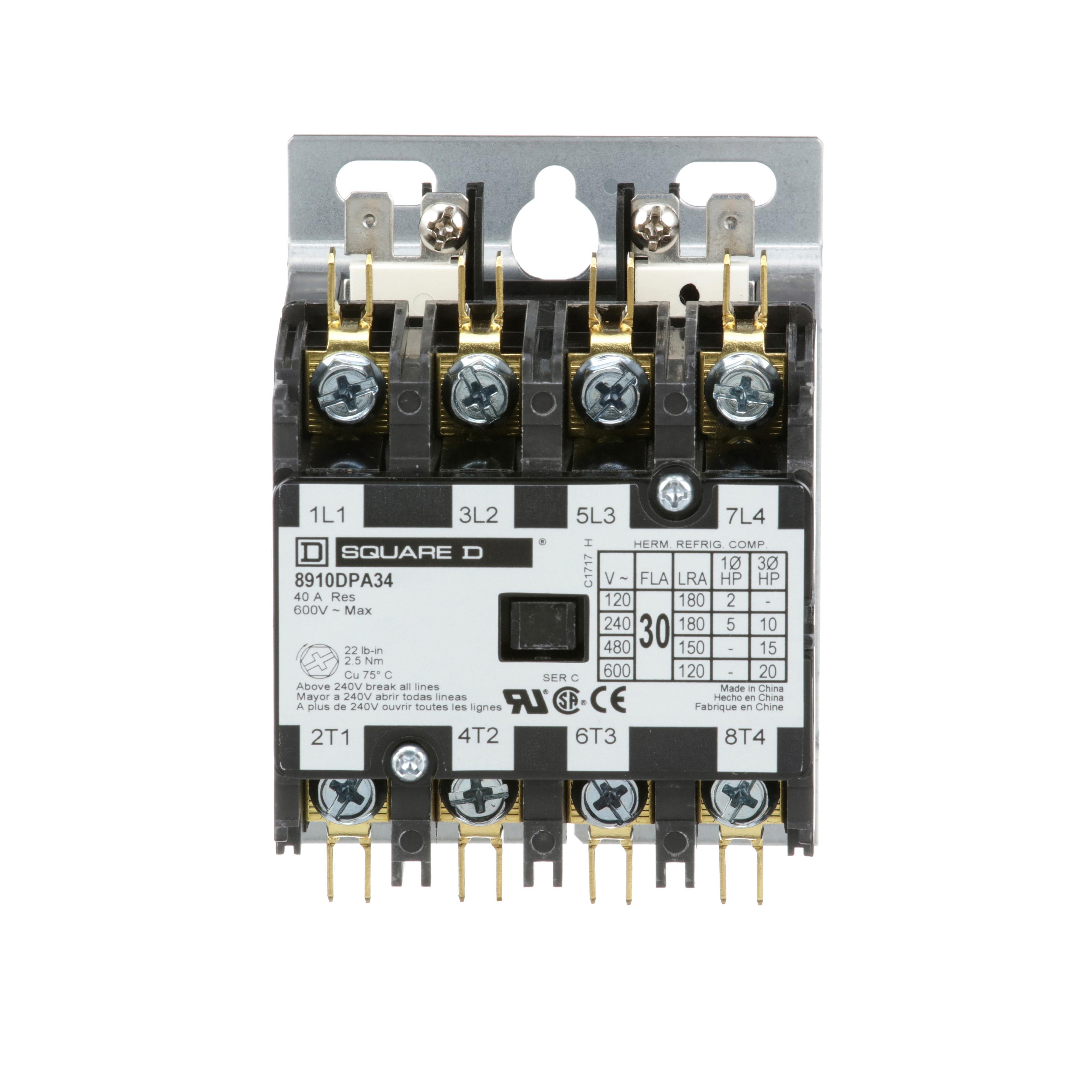 8910DPA34V09 - Contactor, Definite Purpose, 30A, 4 pole, 20HP at 575VAC, 3 phase, 208/240VAC 60Hz 220VAC 50Hz coil, open