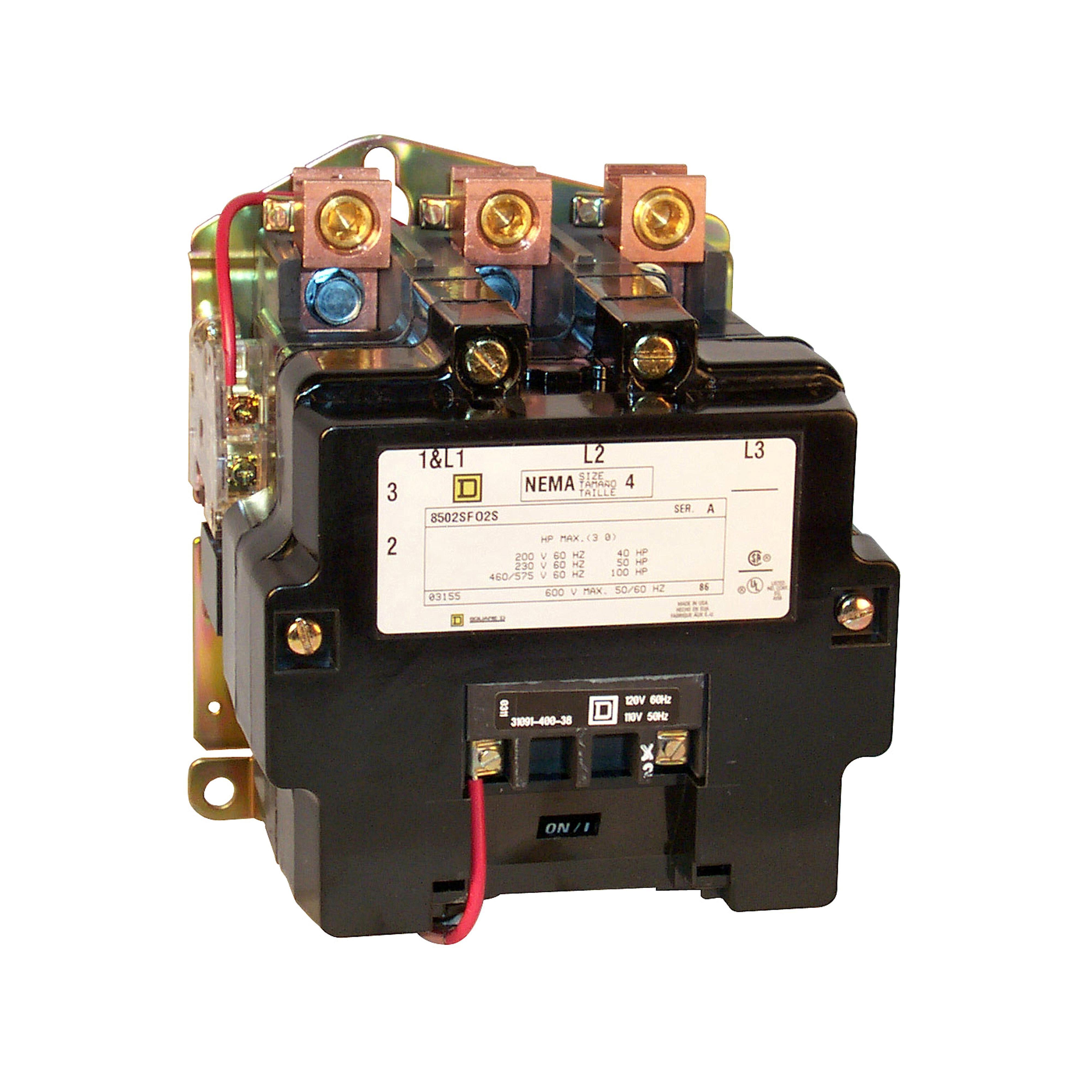 8502SFO2V08 - NEMA Contactor, Type S, nonreversing, Size 4, 135A, 100HP at 575VAC, 3 phase, up to 100kA, 3 pole, 208VAC coil, open [TAA]