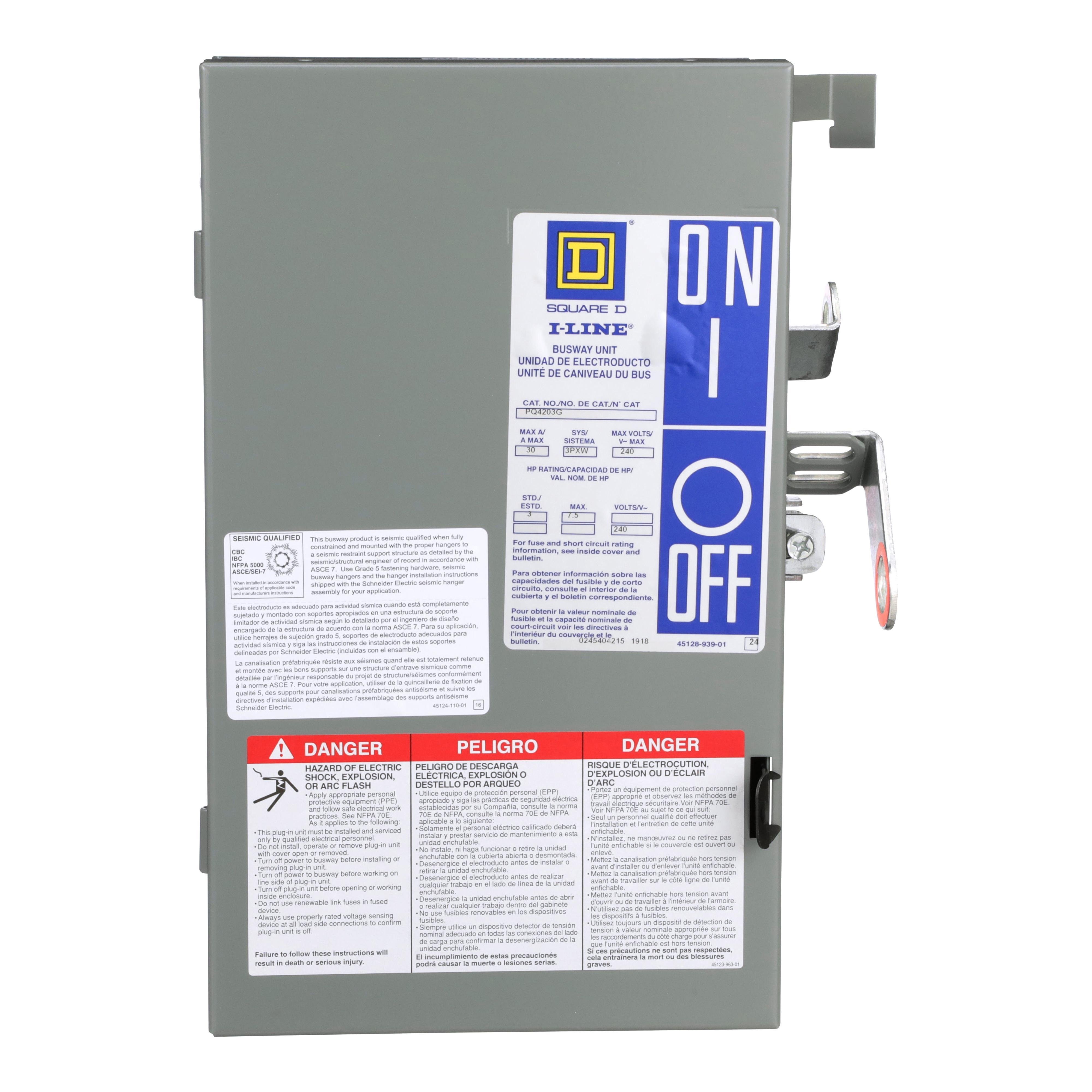 Picture of PQ4203G - Plug-In Unit, I-Line Busway, Fusible, 30A, 120/208VAC, 4 poles, 3 fuse G