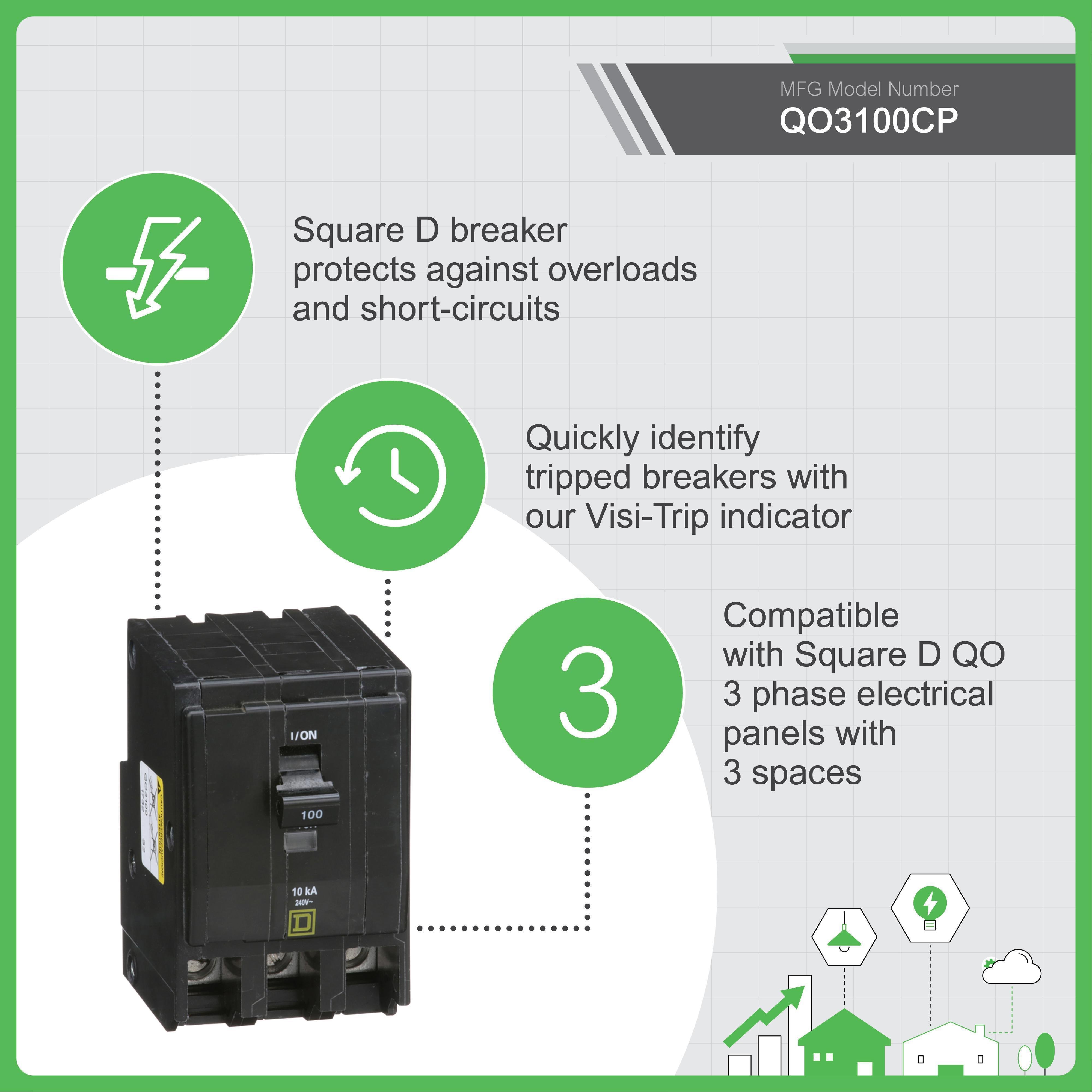 Picture of QO3100CP - Mini circuit breaker, QO, 100A, 3 pole, 120/240VAC, 10kA, plug in, consumer pack