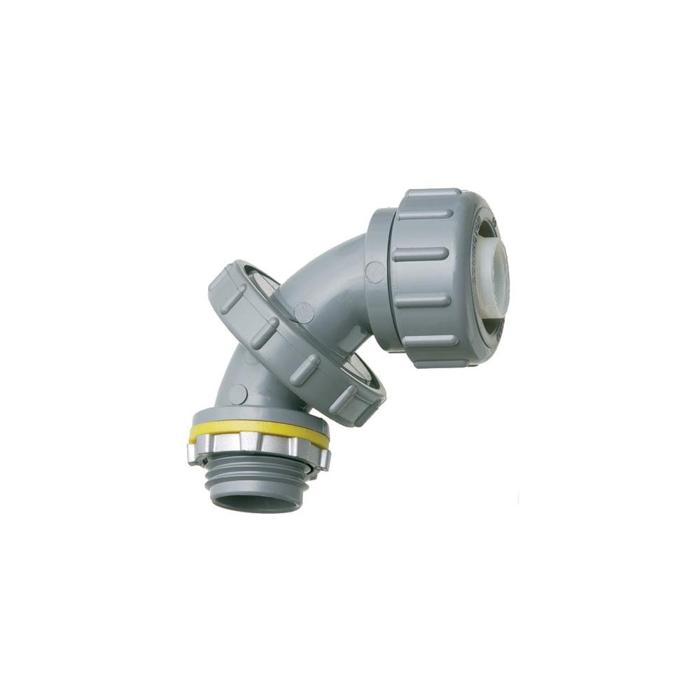 NMLT5090 - Zero to 90 degree non metallic liquid tight connector for type B only. 1/2" Trade Size. Adjusts for all angles from 0 to 90 degrees by simply loosening the center nut, twist to the correct angle and then retightenting the nut.