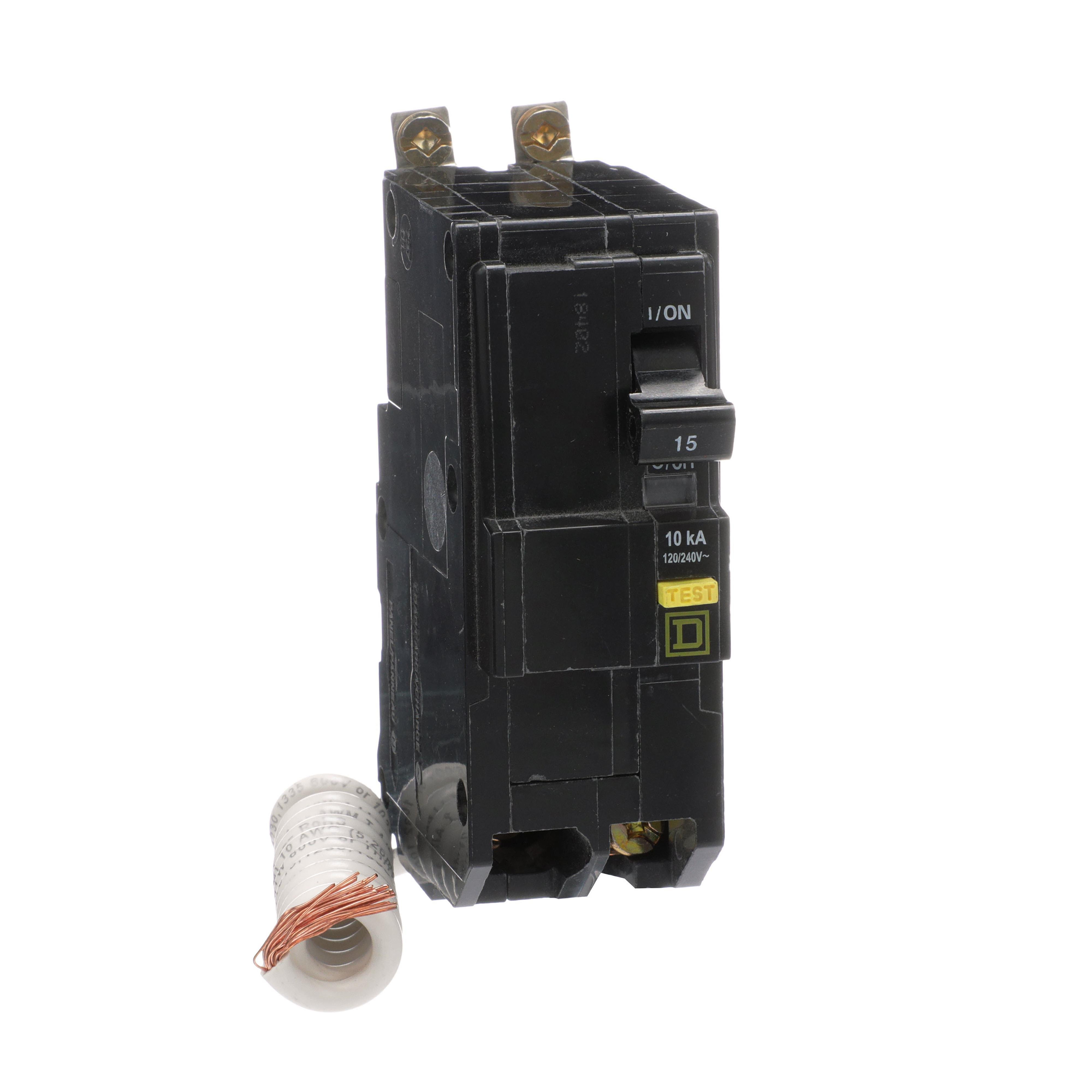 QOB215GFI - [TAA] Mini circuit breaker, QO, 15A, 2 pole, 120/240VAC, 10kA, bolt on, 6mA grd fault A, pigtail