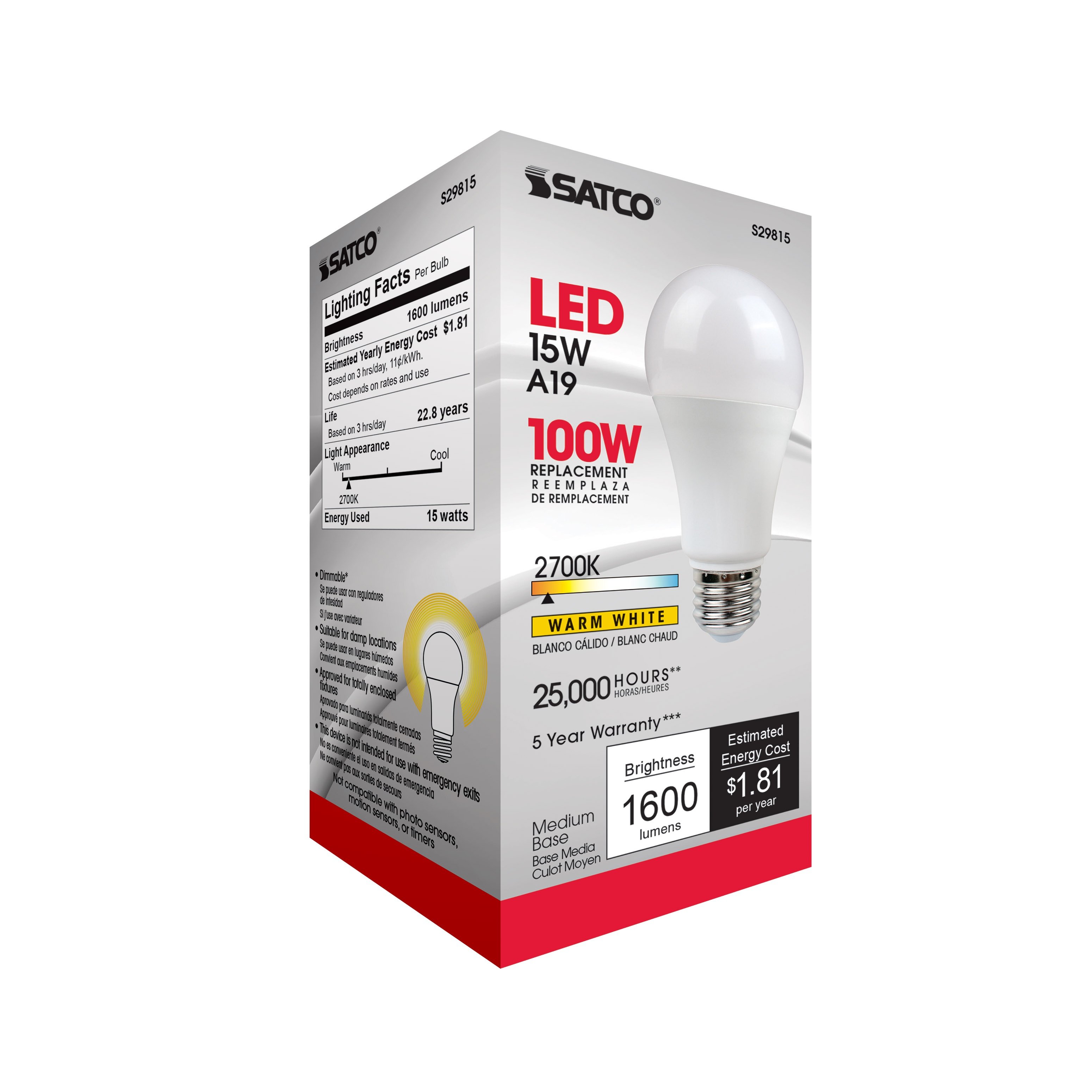 Picture of S29815 - 15 Watt - A19 LED - Frosted - 2700K - Medium base - 220 deg. Beam Angle - 120 Volt