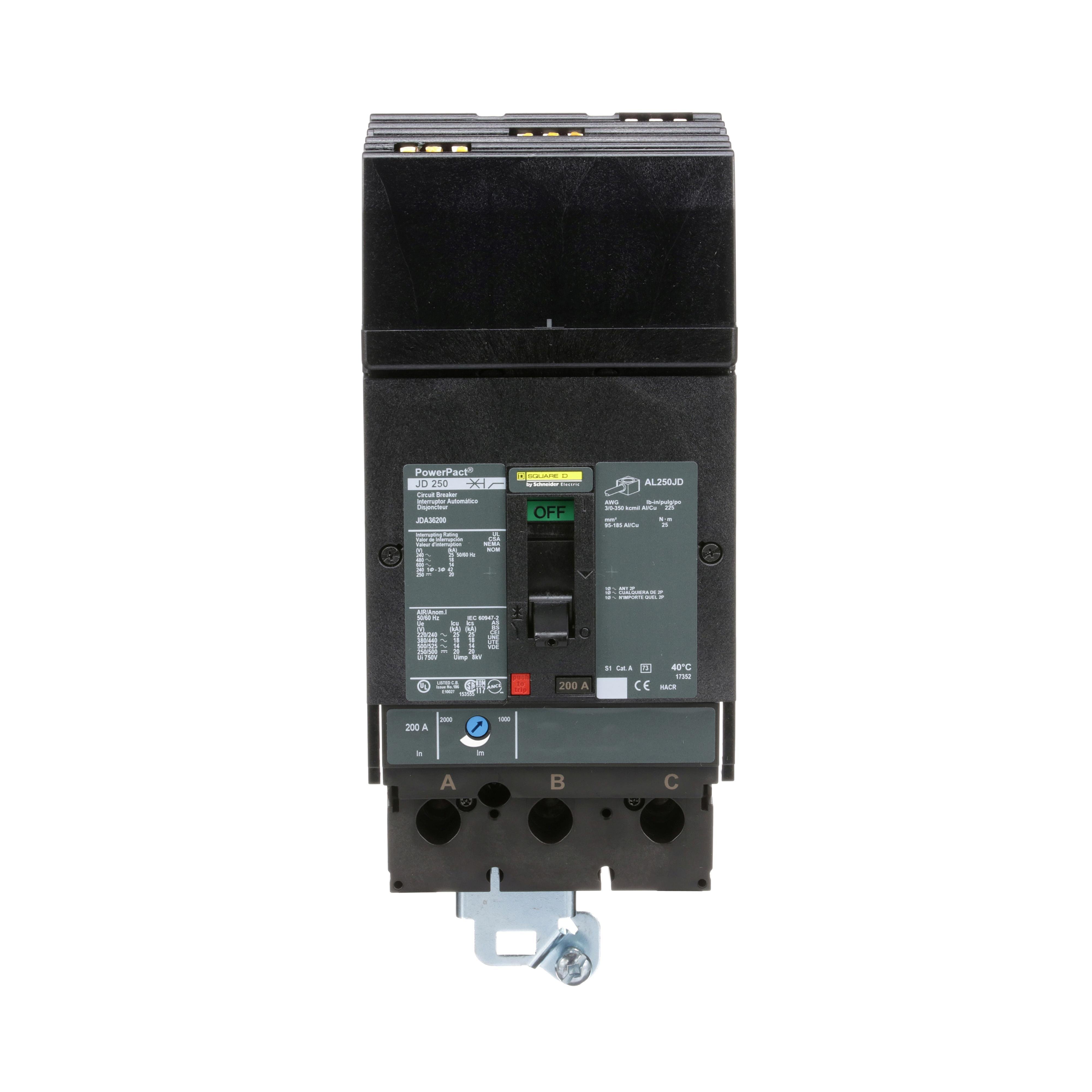 Picture of JDA36200 - Circuit breaker, PowerPacT J, 200A, 3 pole, 600VAC, 14kA, I-Line, thermal magnetic, 80%, ABC