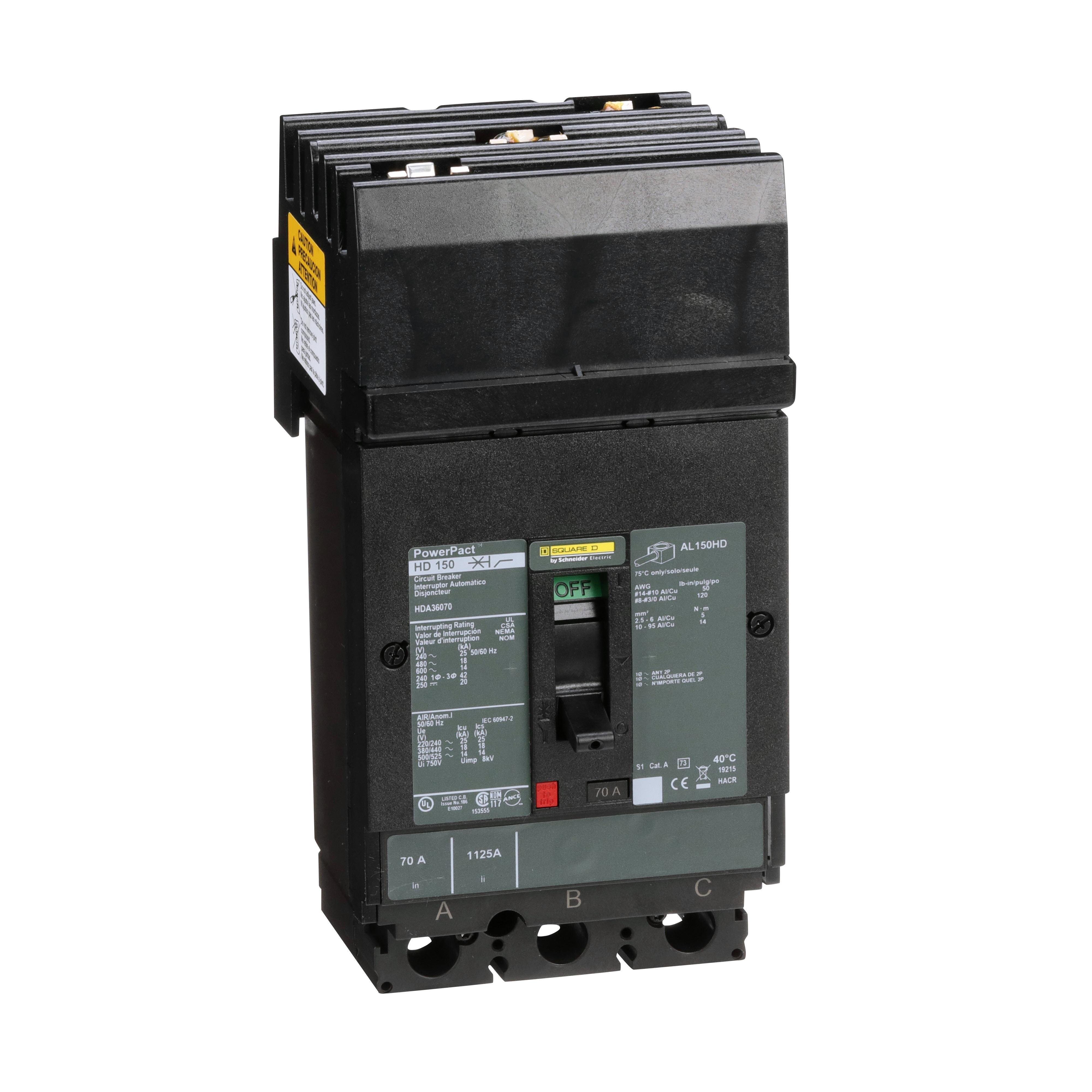 HDA36070 - Circuit breaker, PowerPacT H, 70A, 3 pole, 600VAC, 14kA, I-Line, thermal magnetic, 80%, ABC