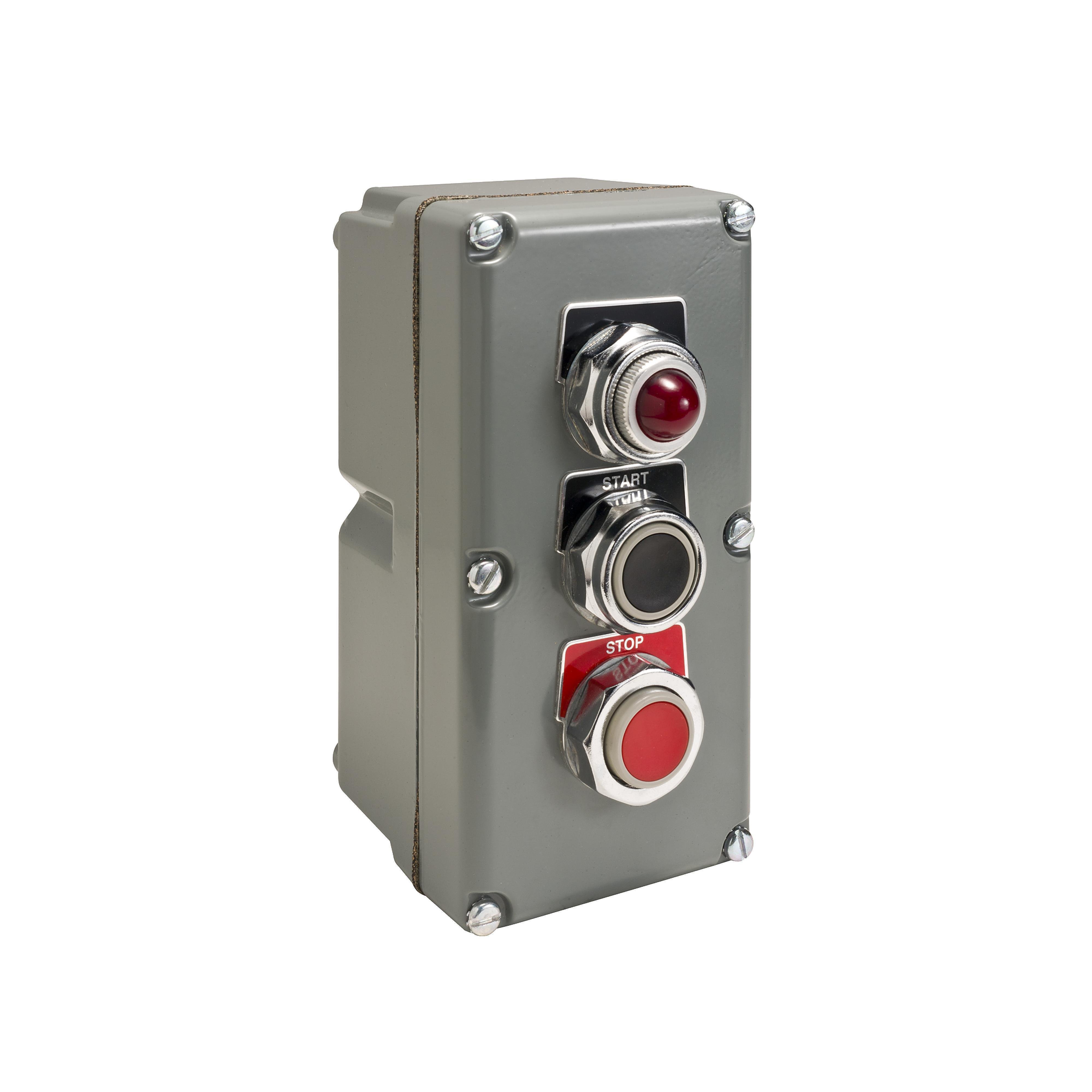 9001KYK317 - 30mm push button, Type K, control station, two push buttons and pilot light, 6A inductive at 120VAC, NEMA 4, 13