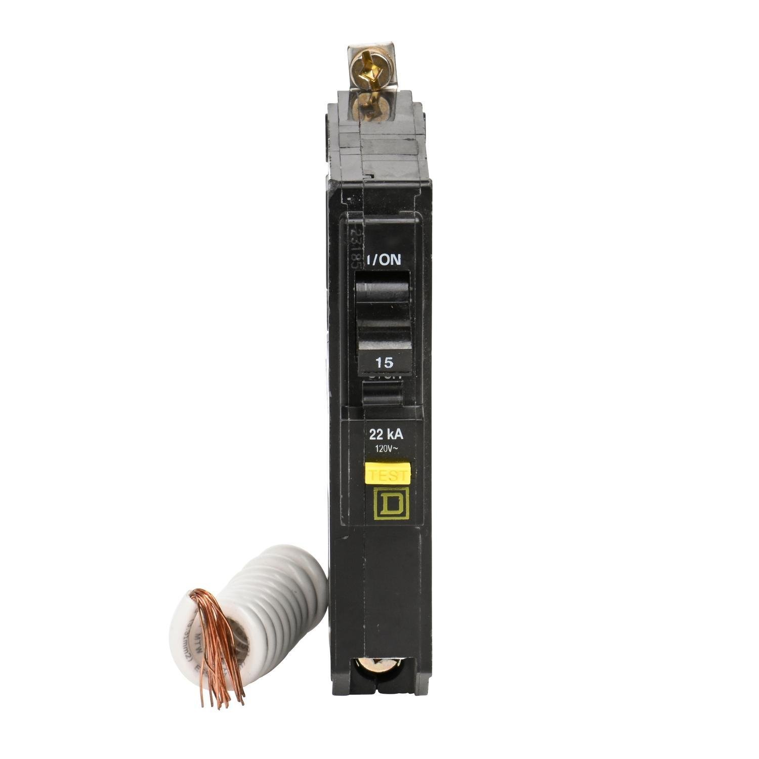 QOB115VHGFI - Mini circuit breaker, QO, 15A, 1 pole, 120VAC, 22kA, bolt on, 6mA grd fault A, pigtail