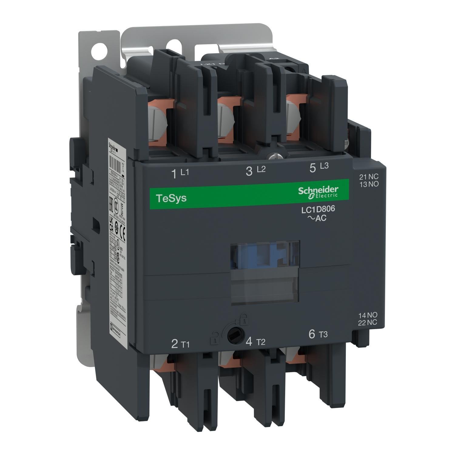 LC1D806G7 - IEC contactor, TeSys Deca, nonreversing, 80A, 60HP at 480VAC, 3 phase, 3 pole, 3 NO, 120VAC 50/60Hz coil, open style