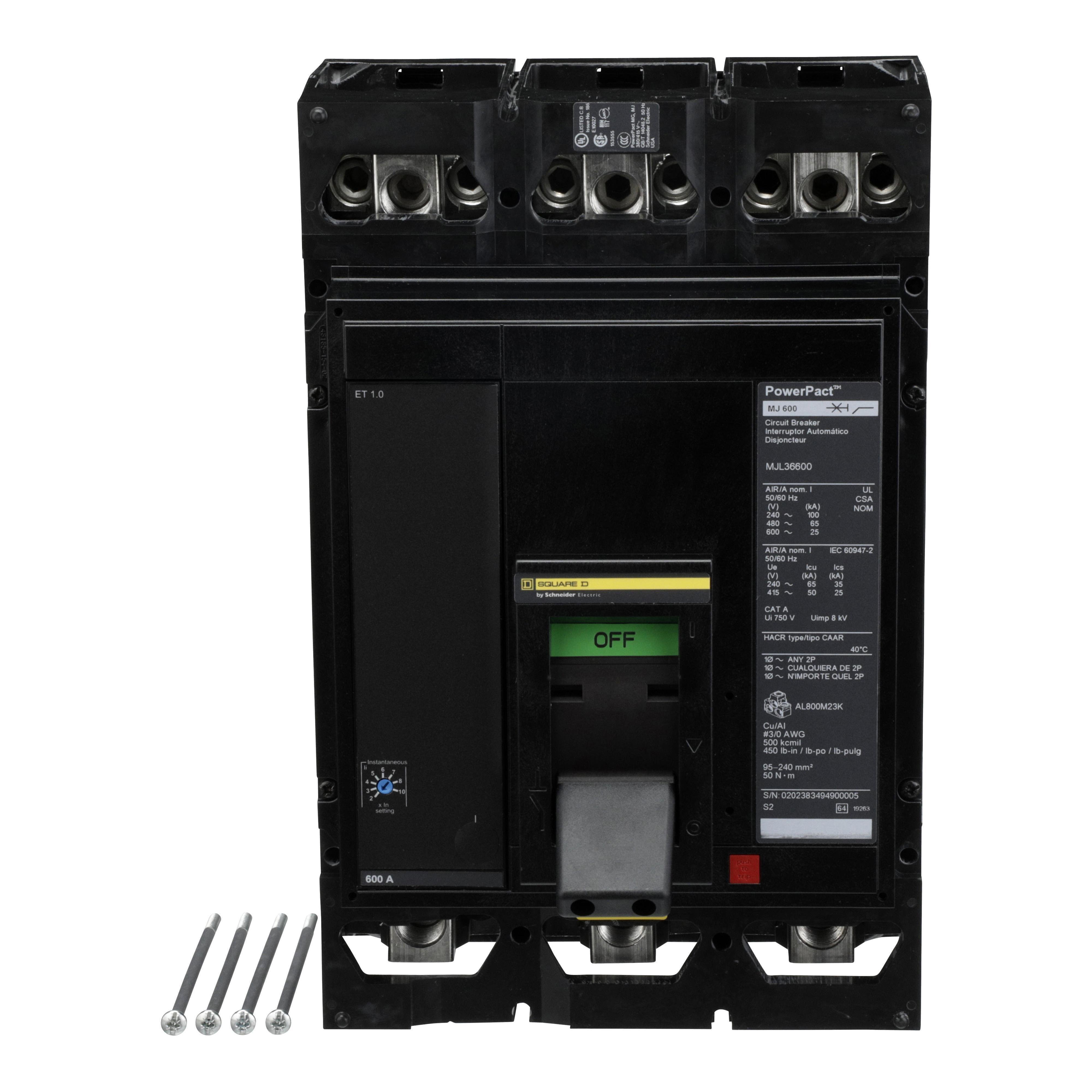 MJL36600 - Circuit breaker, PowerPacT M, 600A, 3 pole, 600VAC, 25kA, lugs, ET 1.0, 80%