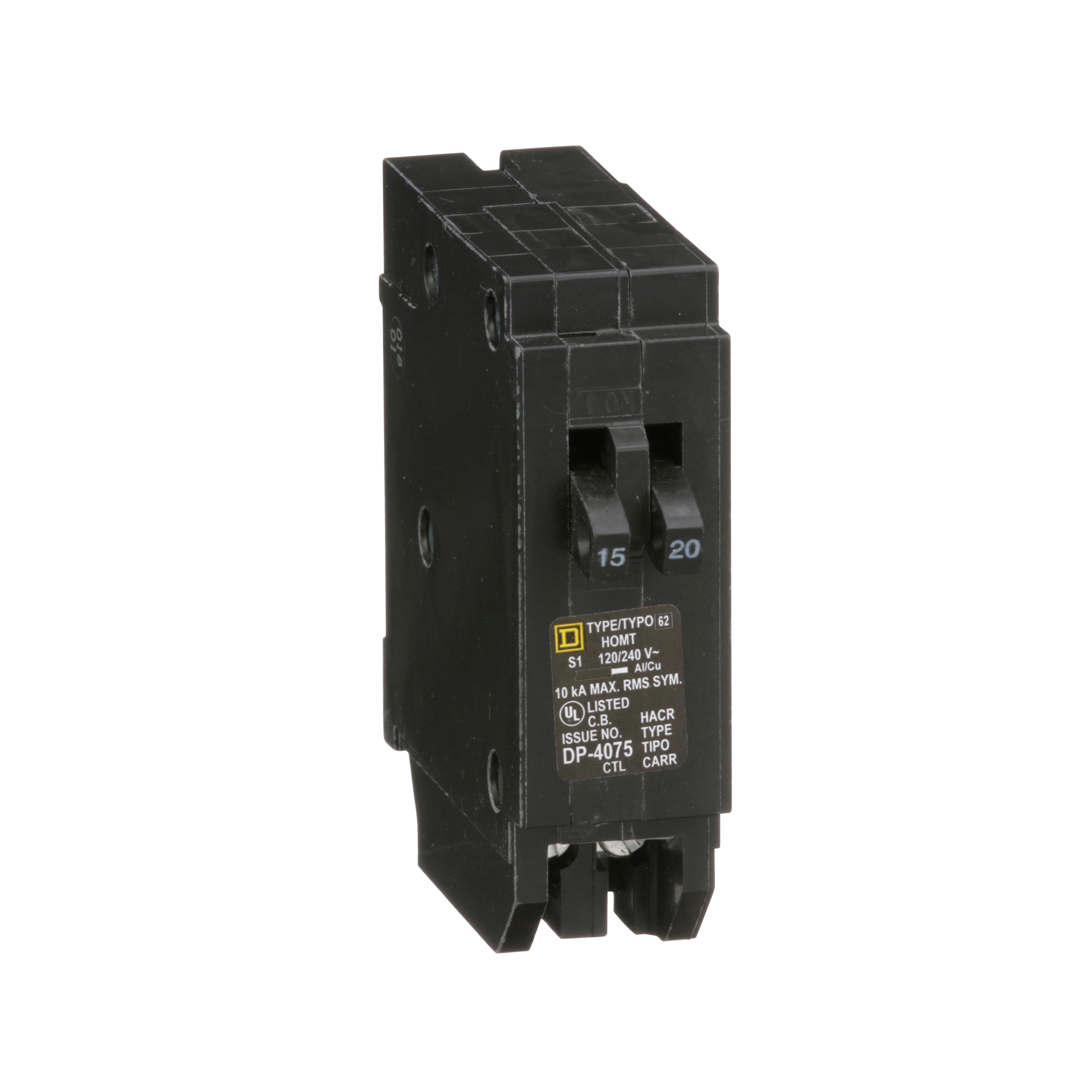 Picture of HOMT1520 - Tandem circuit breaker, Homeline, 1 x 1 pole at 15A, 1 x 1 pole at 20A, 120/240VAC, 10kA AIR, plug in, UL