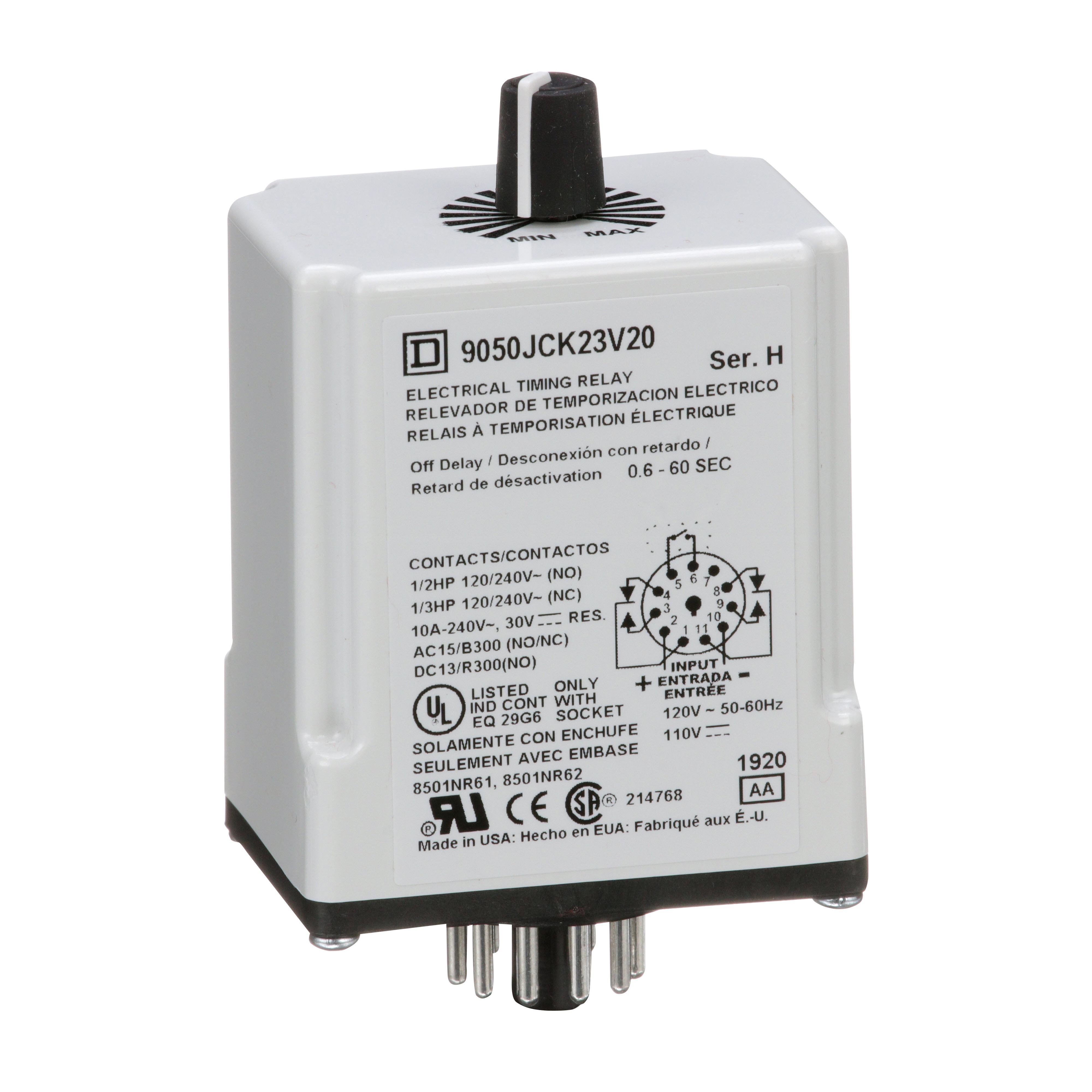 Picture of 9050JCK23V20 - Timing Relay, Type JCK, plug In, off delay, adjustable time, 0.6 to 60 seconds, 10A, 240 VAC, 120 VAC/110 VDC