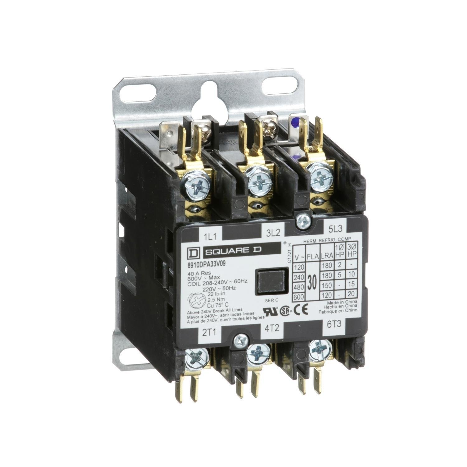 8910DPA33V09 - Contactor, Definite Purpose, 30A, 3 pole, 20HP at 575VAC, 3 phase, 208/240VAC 60Hz 220VAC 50Hz coil, open