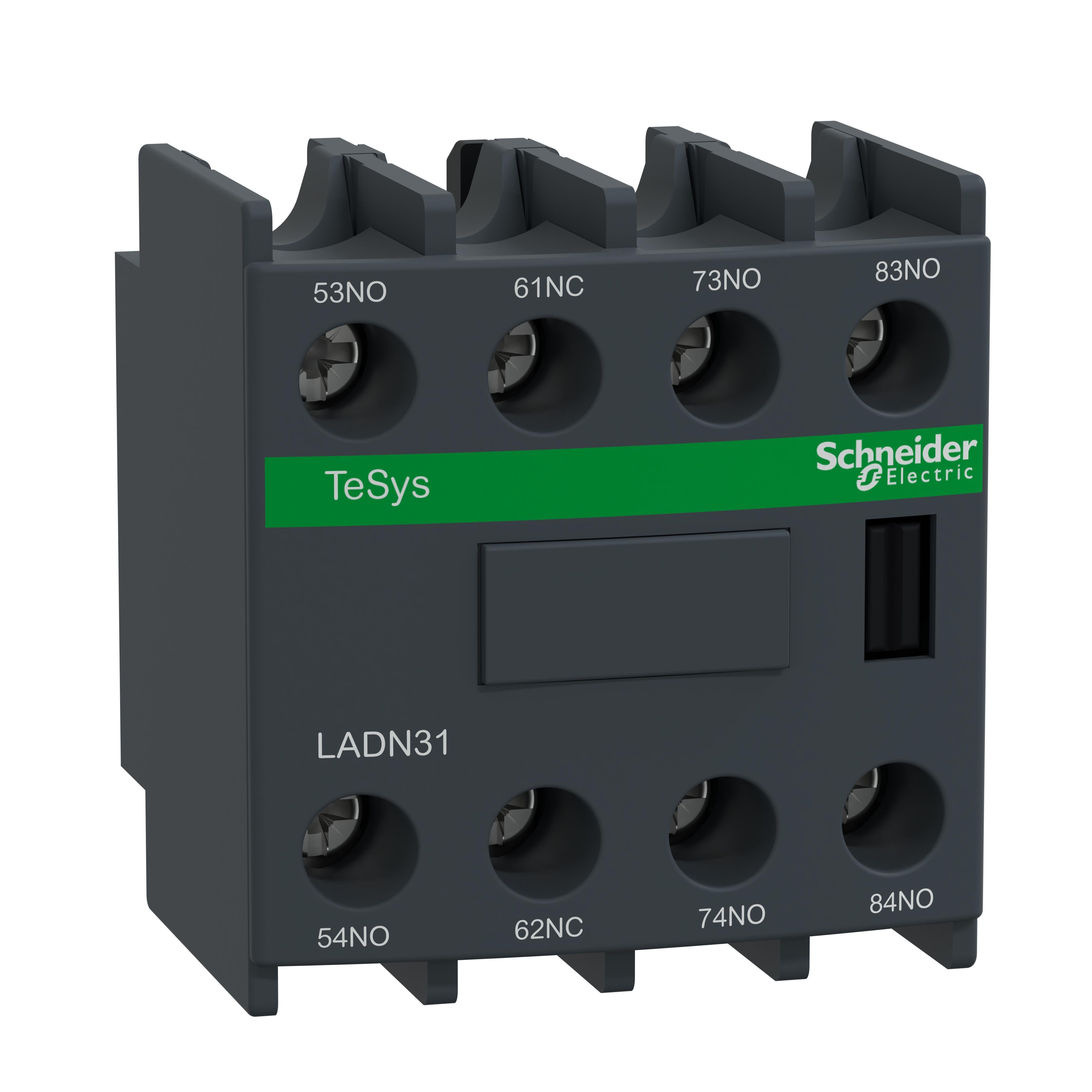 Picture of LADN31 - TeSys Deca, auxiliary contact block, 3 NO and 1 NC, top mount, screw clamp terminals, for LC1D09 to LC1D150 contactors