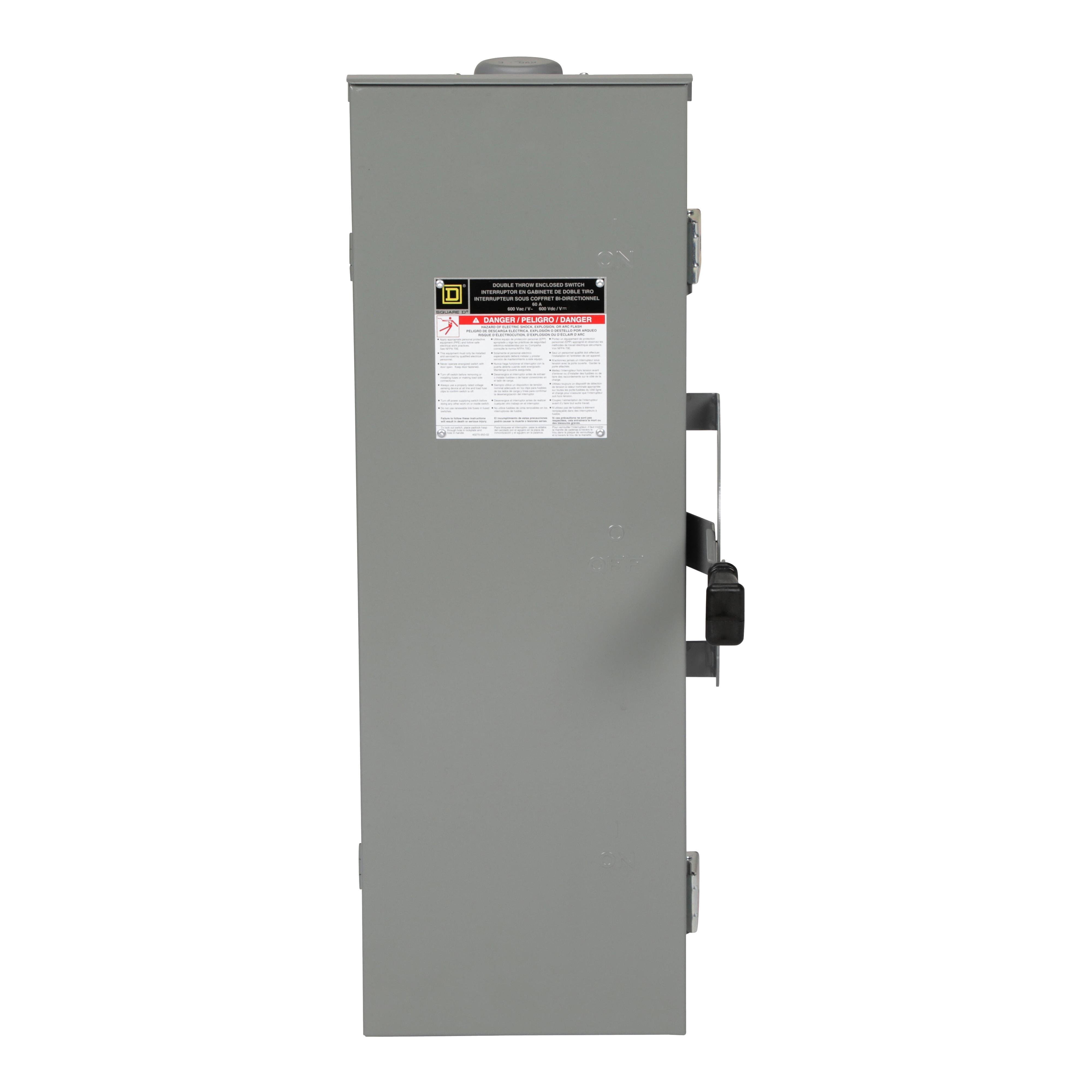 DTU362RB - Safety switch, double throw, non fusible, 3 pole, 3 wire, 600VAC, 600VDC, 60A, Type 3R, bolt on hub prov