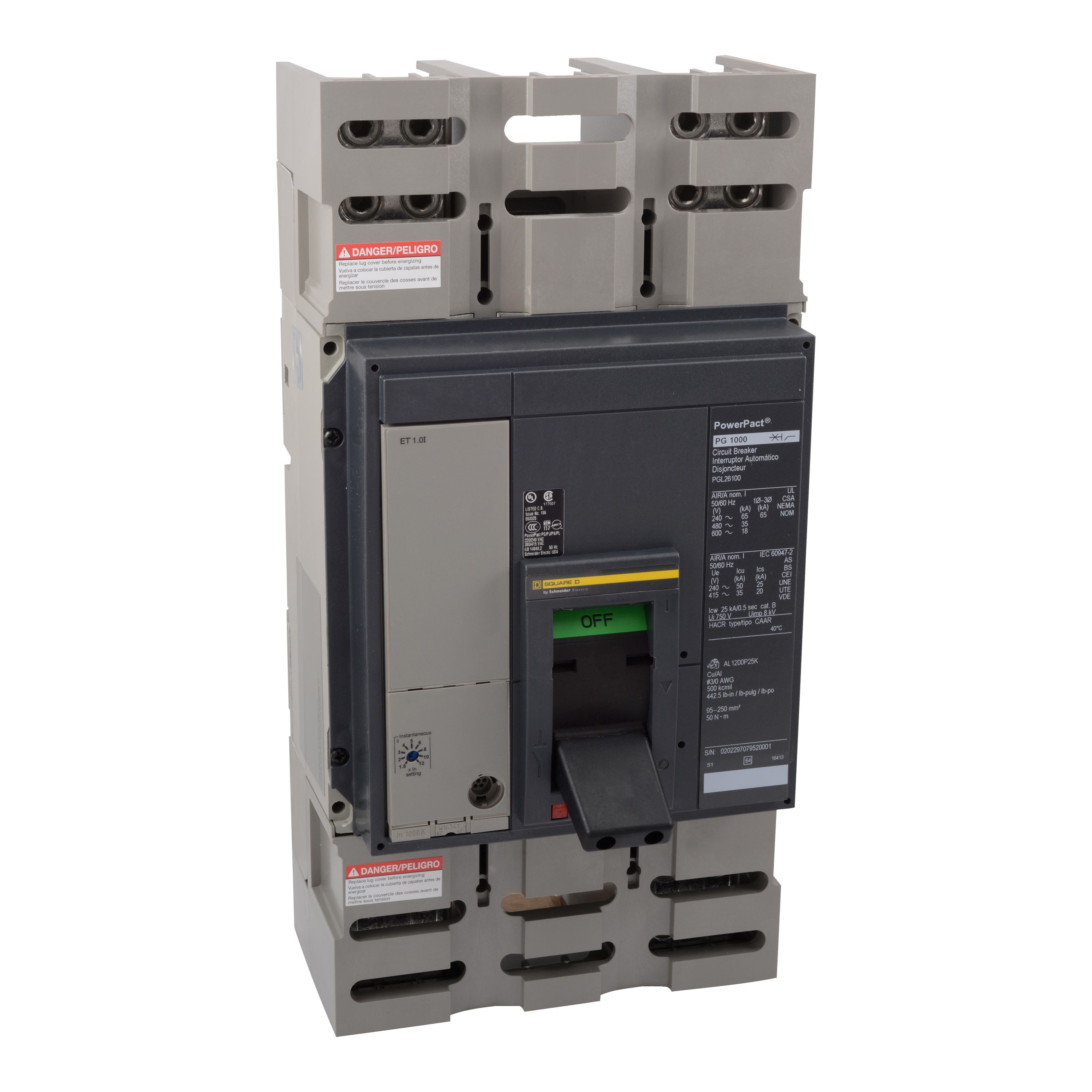PGL36120U31A - Circuit breaker, PowerPacT P, 1200A, 3 pole, 600VAC, 18kA, lugs, Micrologic 3.0, 80%