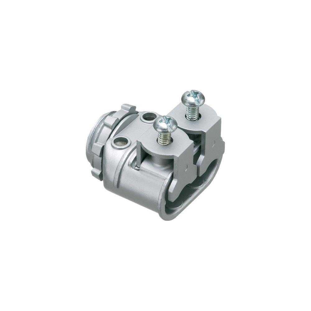 SG3838 - Zinc die-cast, 1/2" knockout saddle-type connector with spring set screw for securing aluminum and steel cable. Snaps into knockout with external spring steel clip. Concrete tight when taped.