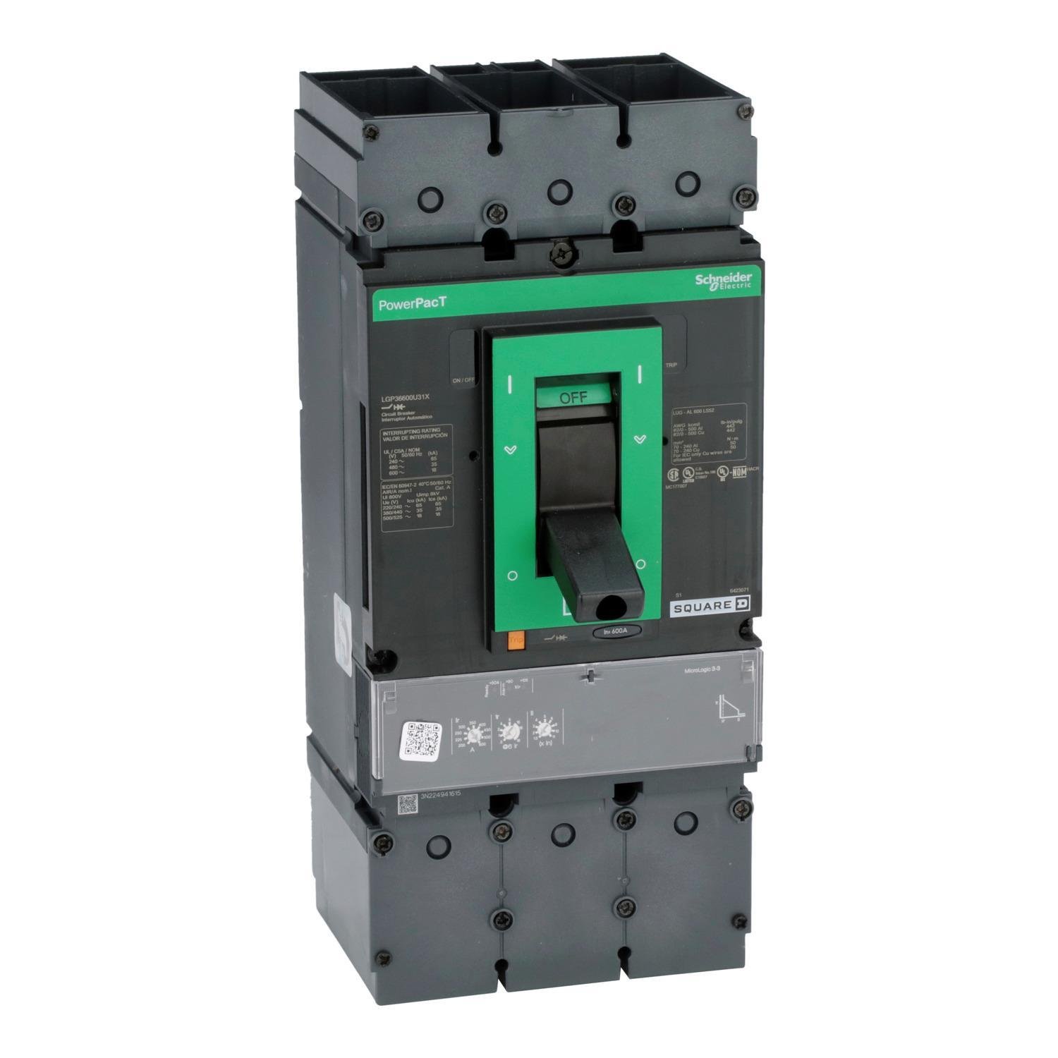 Picture of LGP36600U31X - Circuit breaker, PowerPacT L, 600A, 3 pole, 600VAC, 18kA, lugs, MicroLogic 3.3, 80%