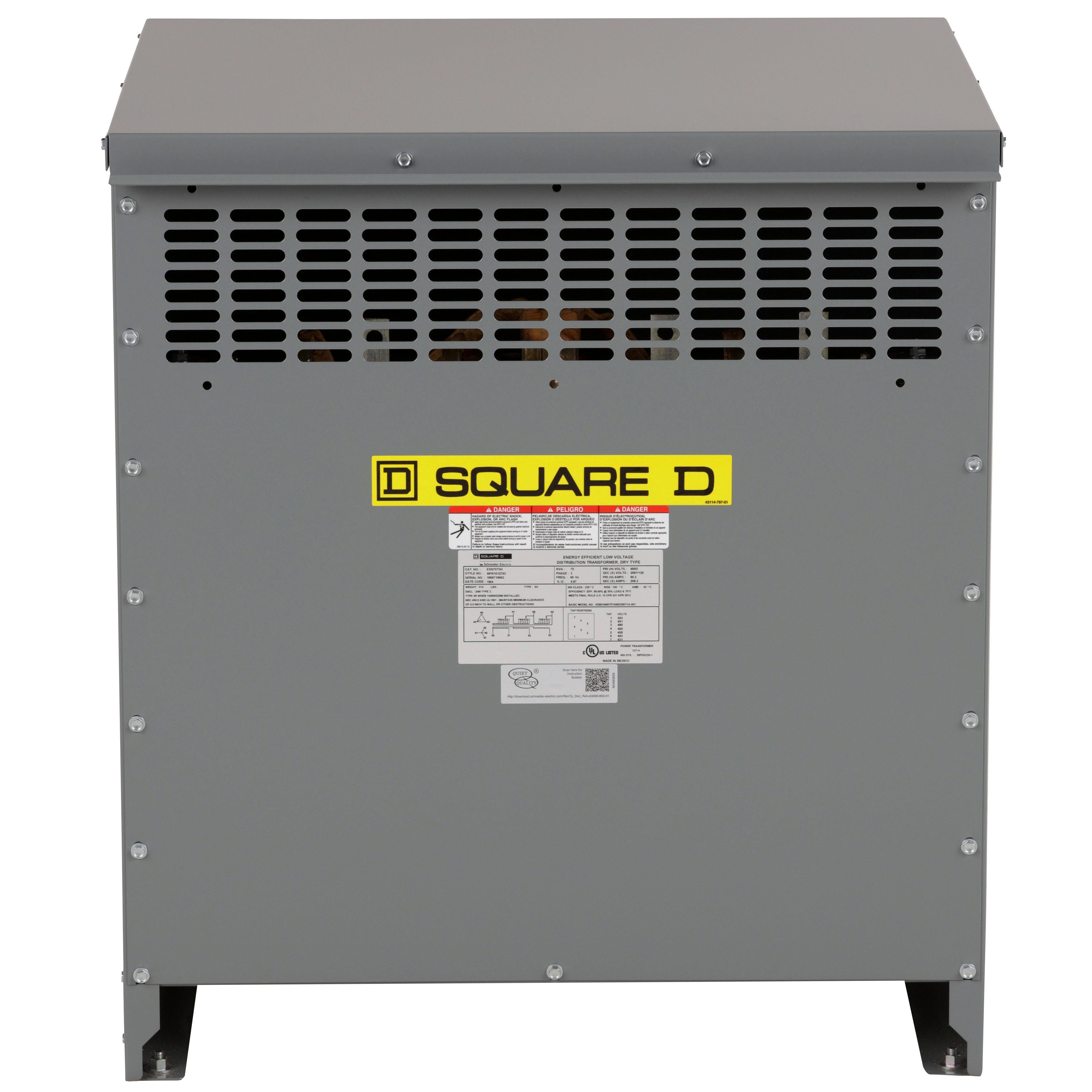 EXN75T3H - Transformer, dry type, DOE 2016, 75kVA, 3 phase, 480V delta primary, 208Y/120V secondary, 20M, 150C rise
