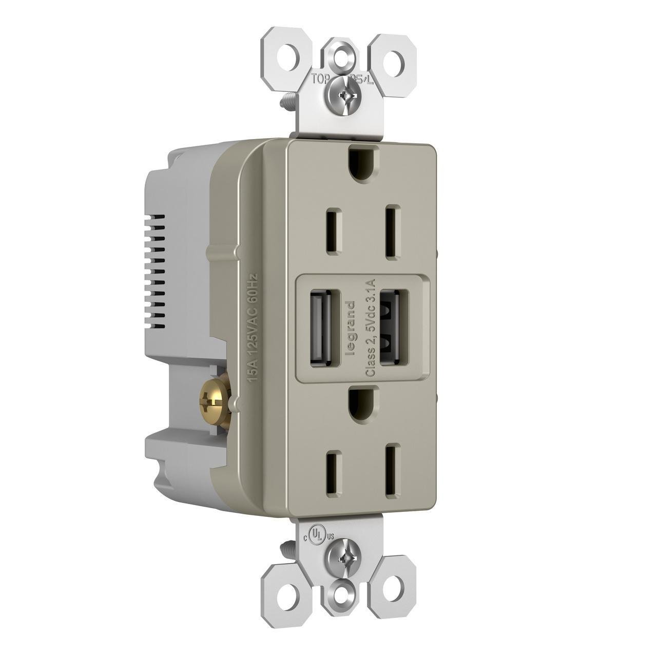 Picture of TM-826USBNICC6 - radiant® 15A Tamper-Resistant USB Outlet, Nickel