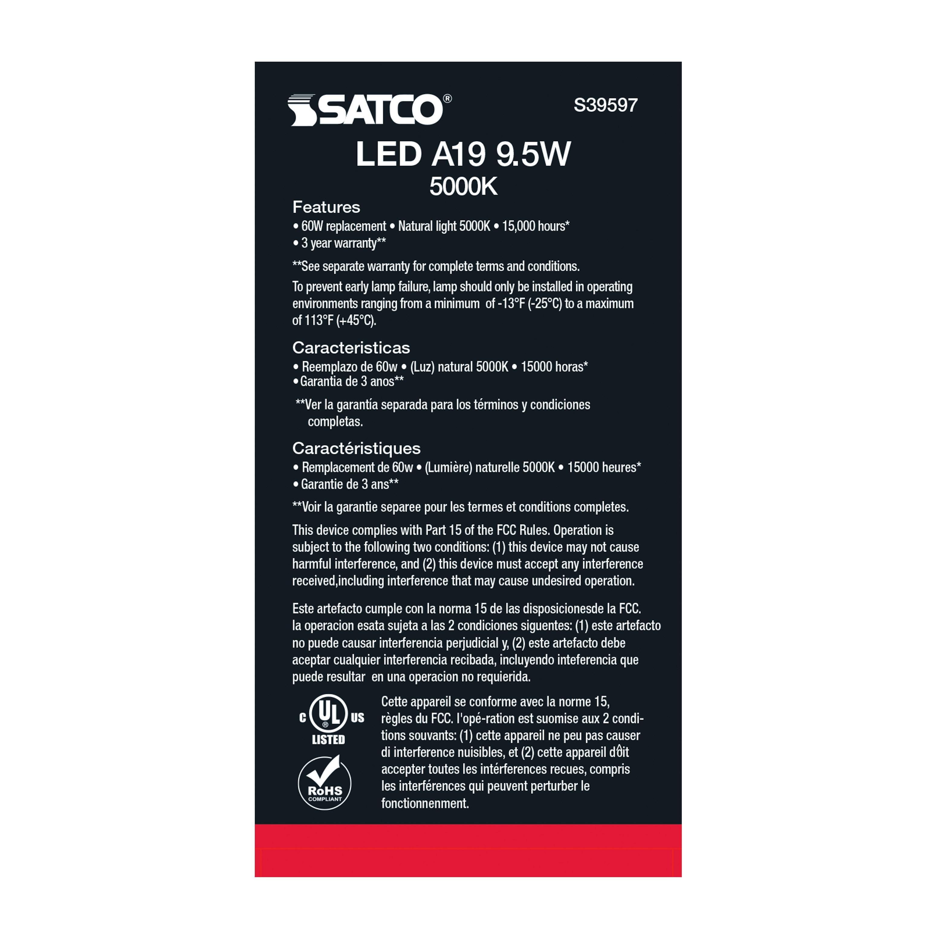 Picture of S39597 - 9.5 Watt - A19 LED - Frost - 5000K - Medium base - 220 deg. Beam Angle - 120 Volt - Non-Dimmable - 4-Pack