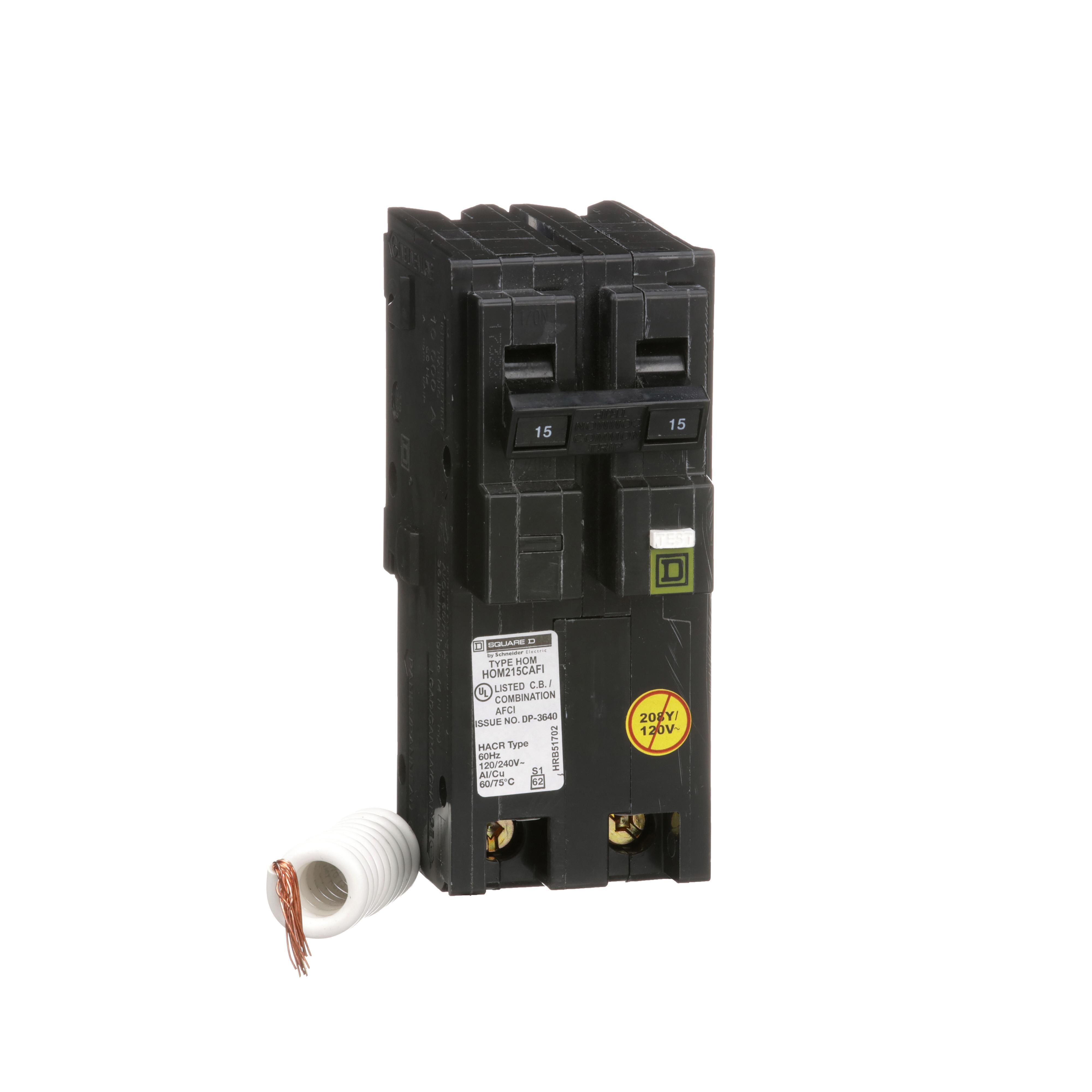 HOM215CAFI - [TAA] Mini circuit breaker, Homeline, 15A, 2 pole, 120VAC, 10kA AIR, combo arc fault, pigtail neutral, plug in, UL