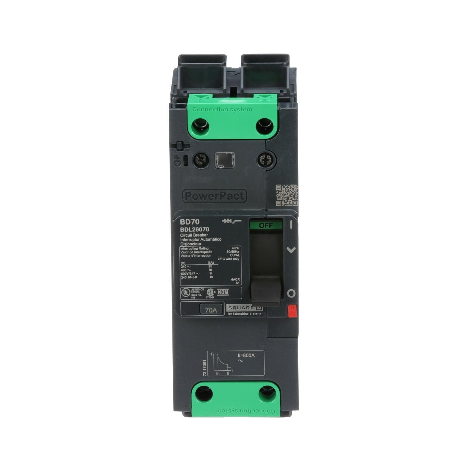 BDL26070 - Circuit breaker, PowerPacT B, 70A, 2 pole, 600Y/347VAC, 14kA, lugs, thermal magnetic, 80%