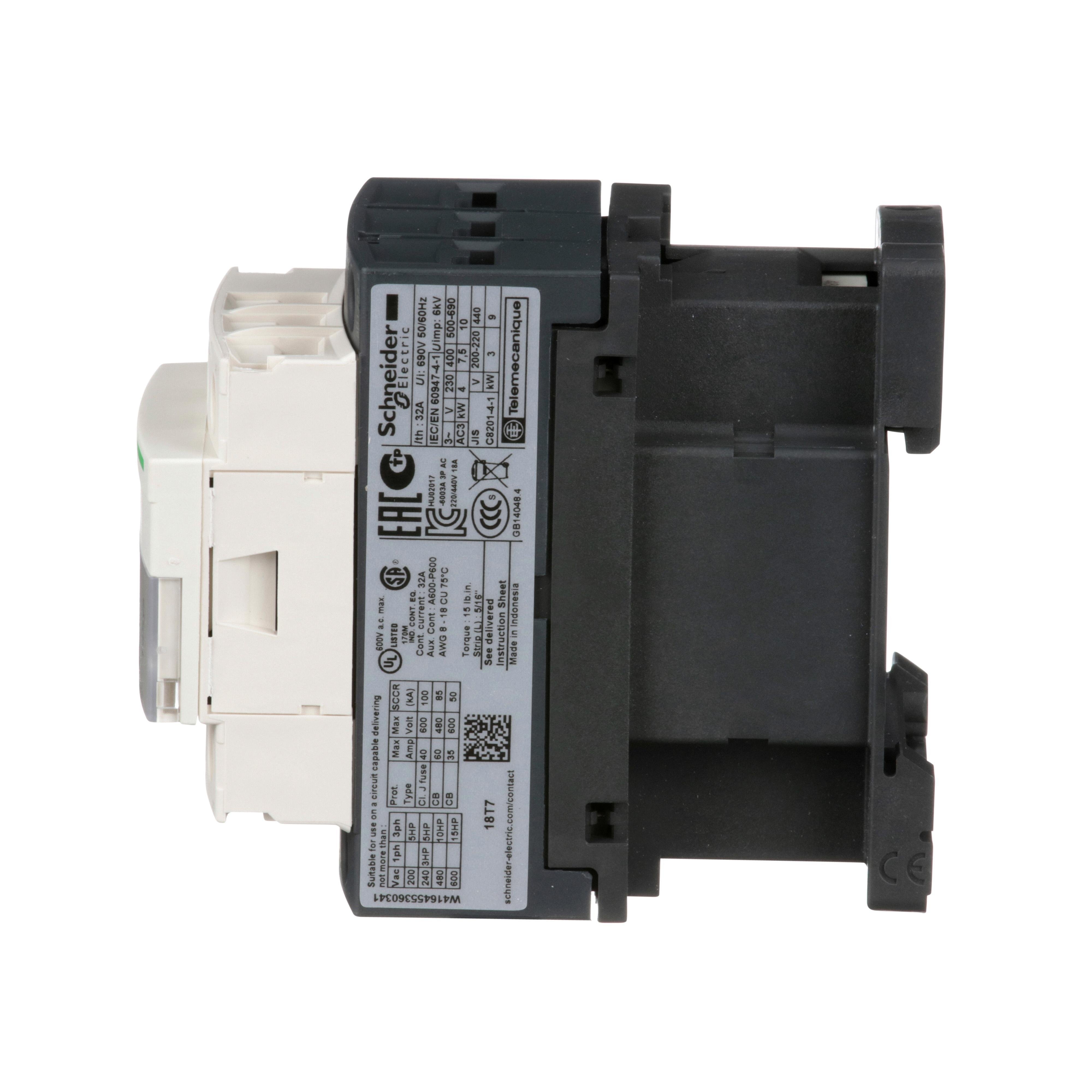 Picture of LC1D18T7 - IEC contactor, TeSys Deca, nonreversing, 18A, 10HP at 480VAC, up to 100kA SCCR, 3 phase, 3 NO, 480VAC 50/60Hz coil, open