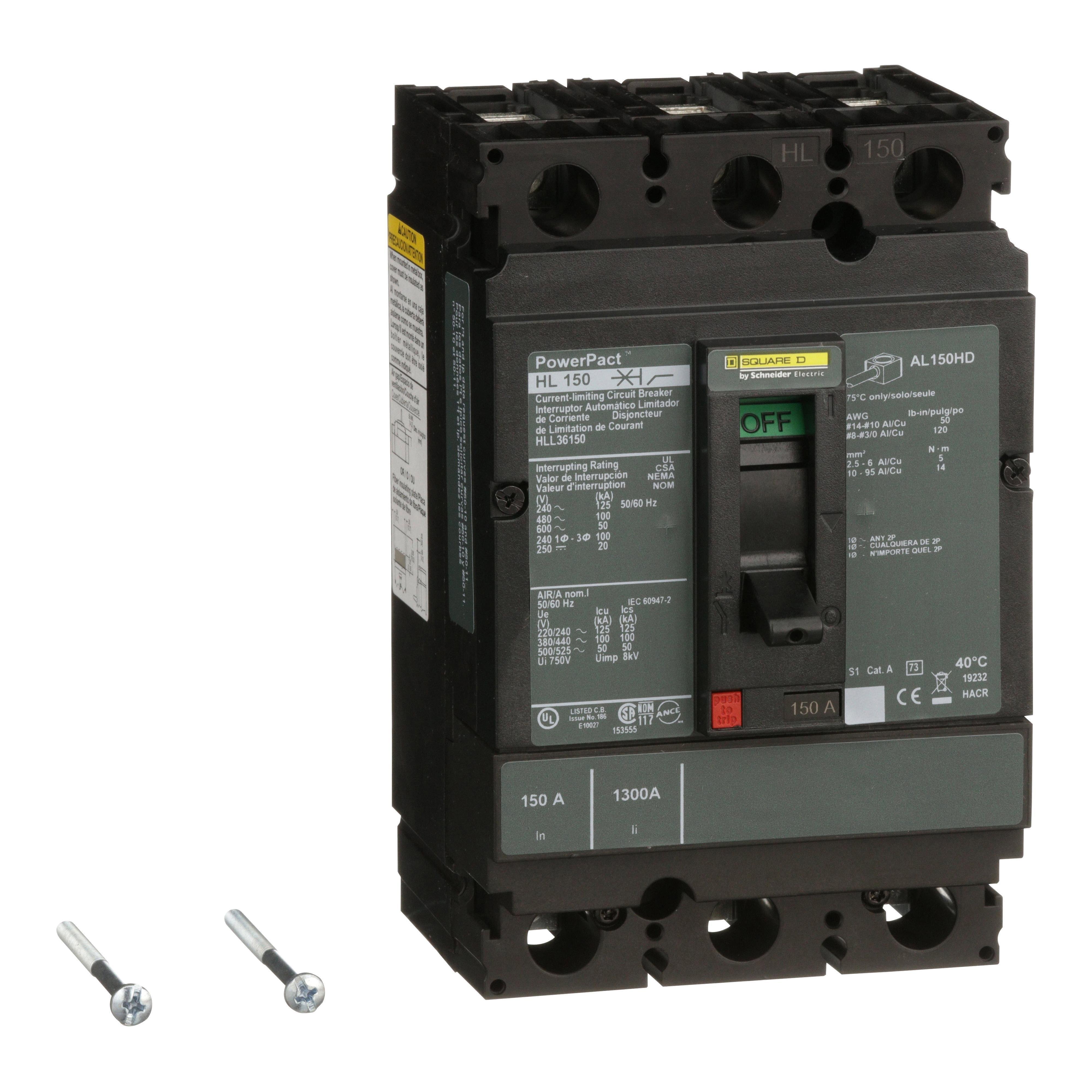 Picture of HLL36150 - Circuit breaker, PowerPacT H, 150A, 3 pole, 600VAC, 50kA, lugs, thermal magnetic, 80%