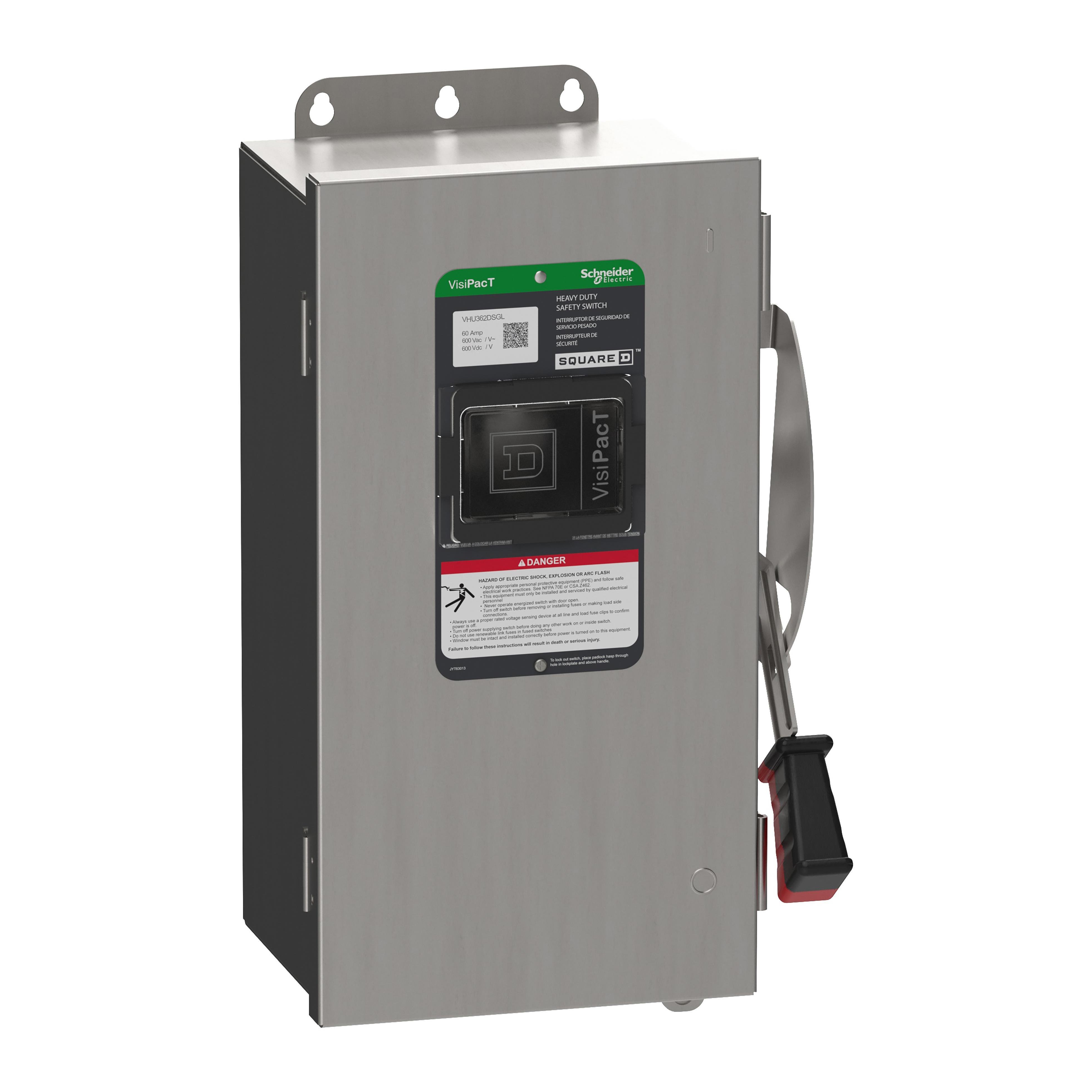 Picture of VHU362DSGL - Safety switch, VisiPacT, heavy duty, unfused, viewing window, NEMA 4X, 600V, 60A, 3 pole, ground lugs