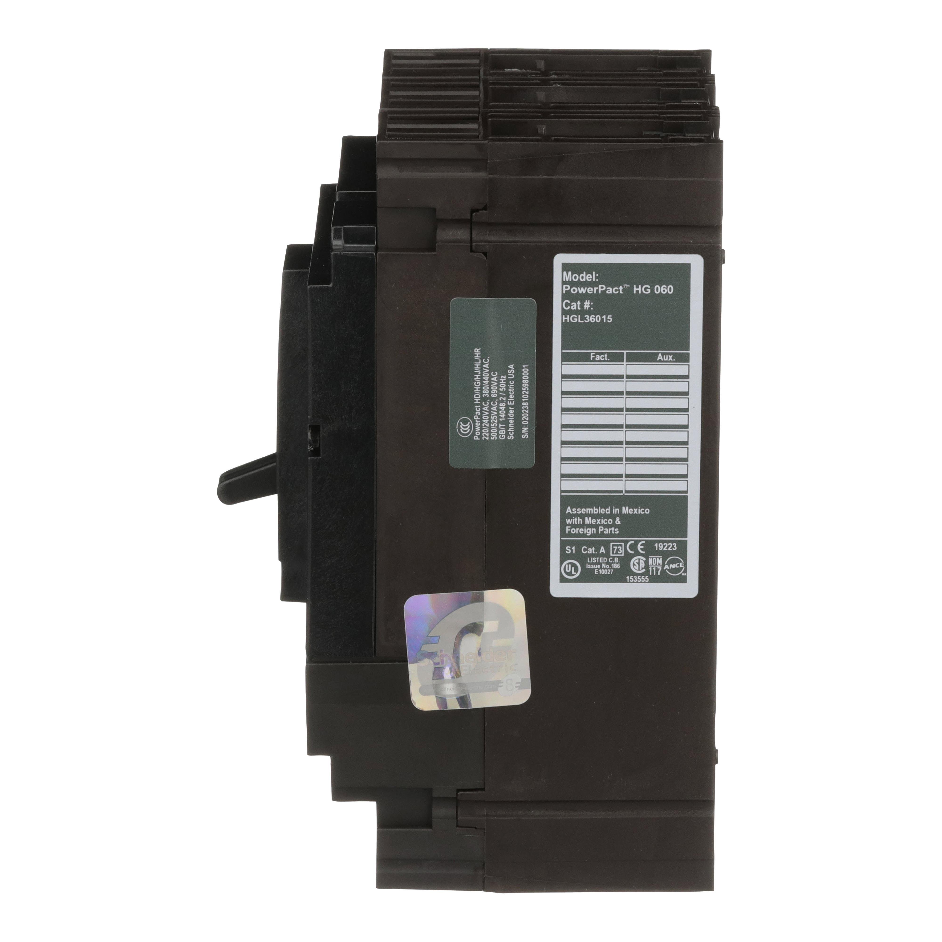 Picture of HGL36015 - Circuit breaker, PowerPacT H, 15A, 3 pole, 600VAC, 18kA, lugs, thermal magnetic, 80%