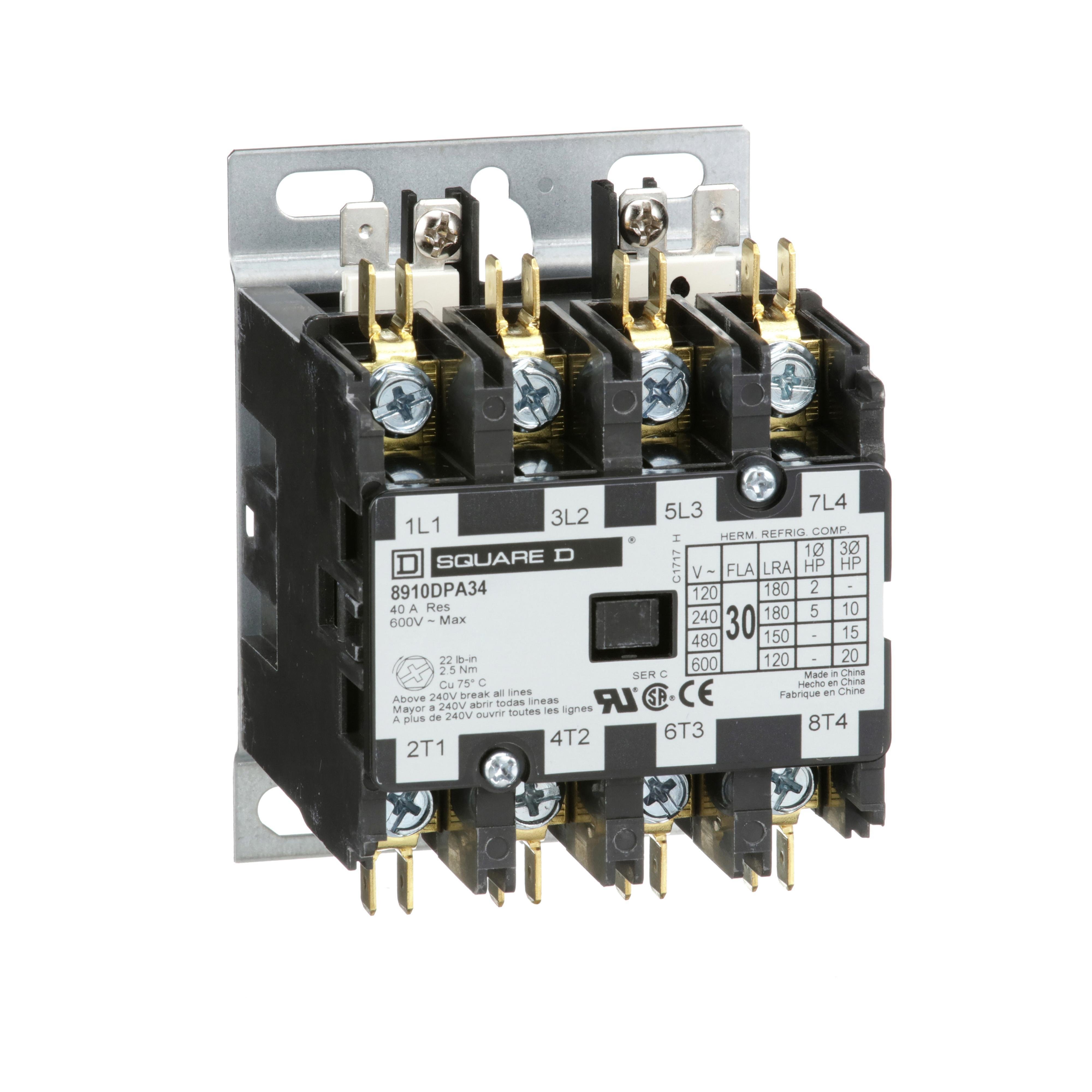 Picture of 8910DPA34V09 - Contactor, Definite Purpose, 30A, 4 pole, 20HP at 575VAC, 3 phase, 208/240VAC 60Hz 220VAC 50Hz coil, open