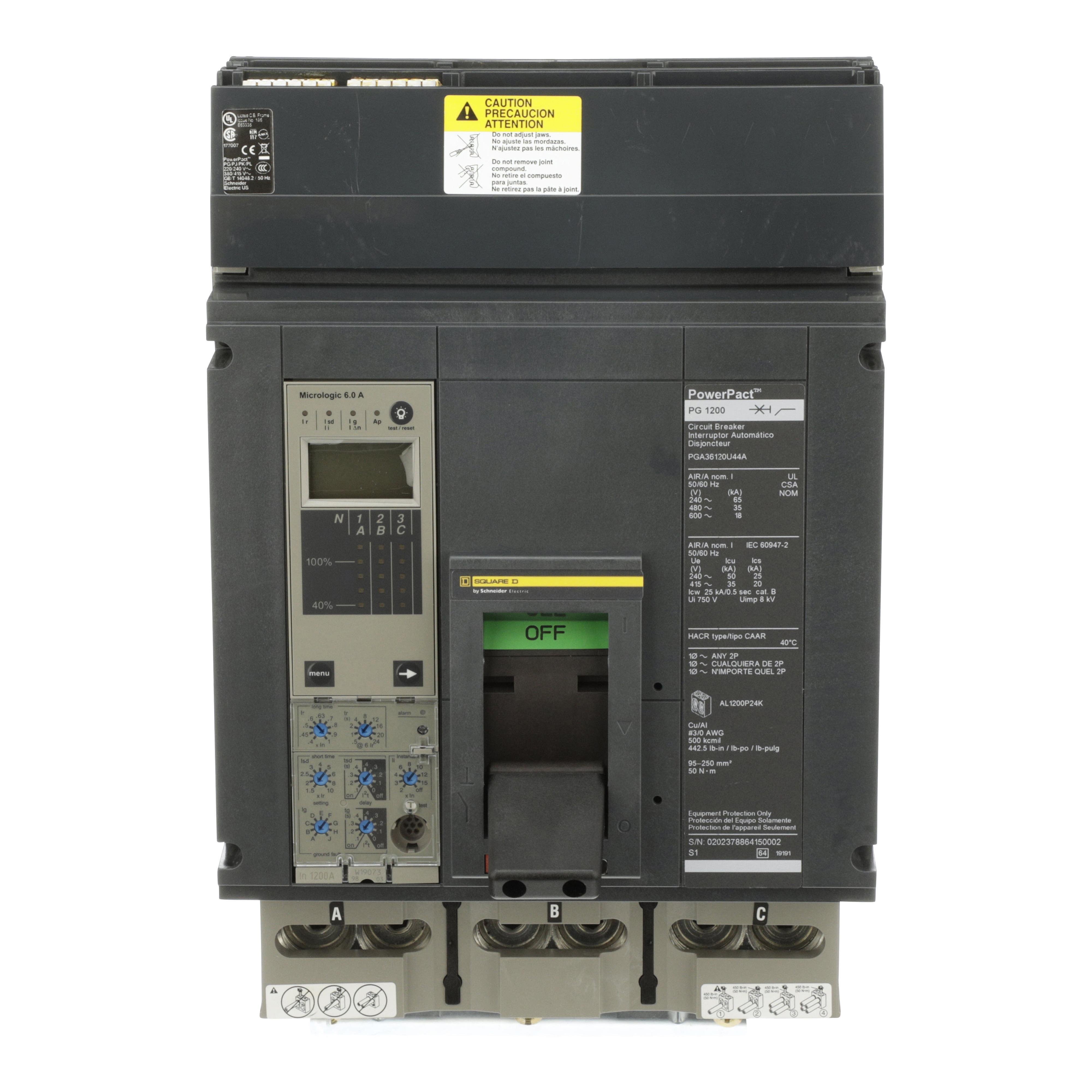 PGA36120U44A - Circuit breaker, PowerPacT P, 1200A, 3 pole, 600VAC, 18kA, I-Line, Micrologic 6.0A, 80%, ABC