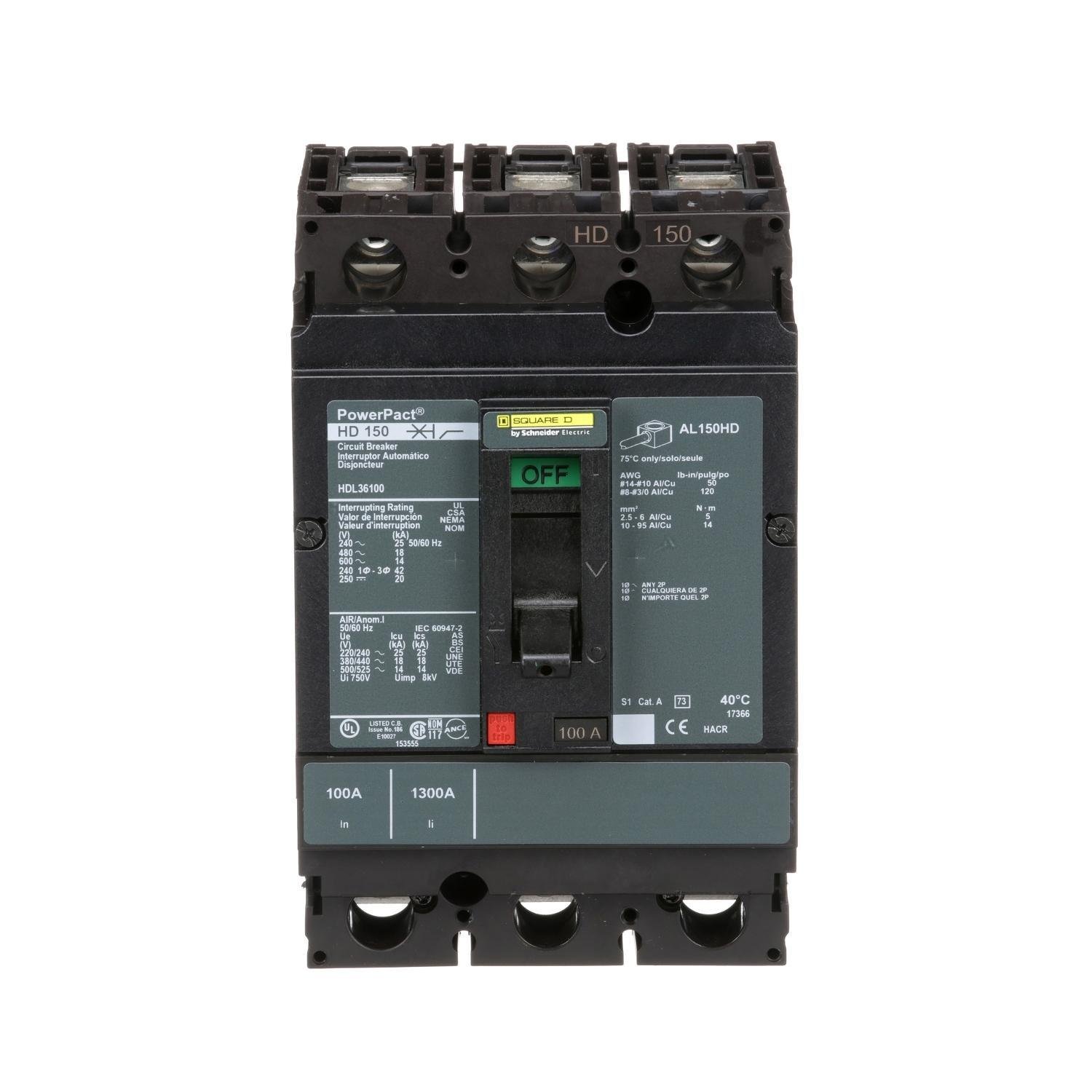 HDL36100 - Circuit breaker, PowerPacT H, 100A, 3 pole, 600VAC, 14kA, lugs, thermal magnetic, 80%