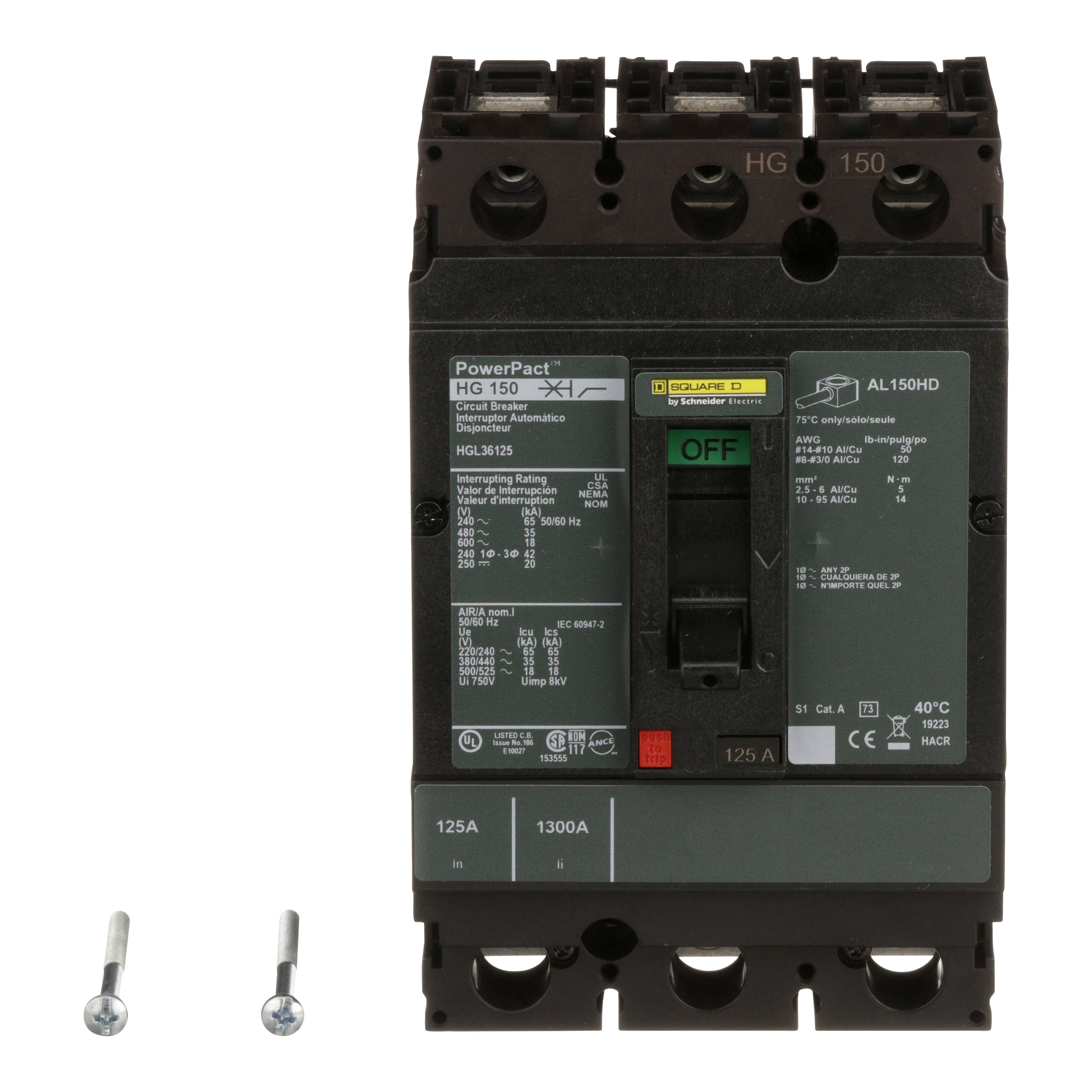 Picture of HGL36125 - Circuit breaker, PowerPacT H, 125A, 3 pole, 600VAC, 18kA, lugs, thermal magnetic, 80%