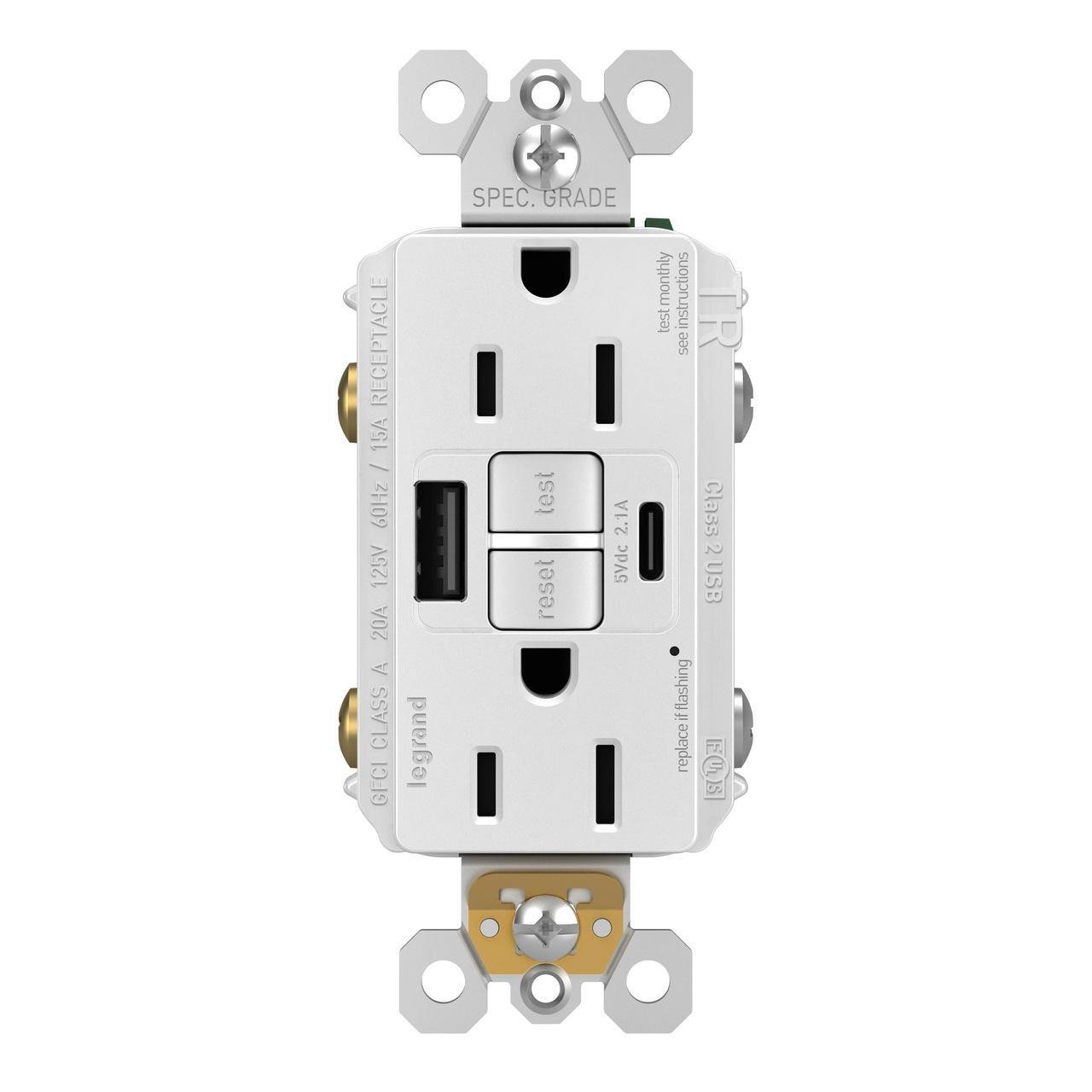 Picture of 1597TRUSBACW - radiant® Tamper-Resistant 15A Duplex Self-Test GFCI Receptacles with SafeLock® Protection, USB Type A/C White