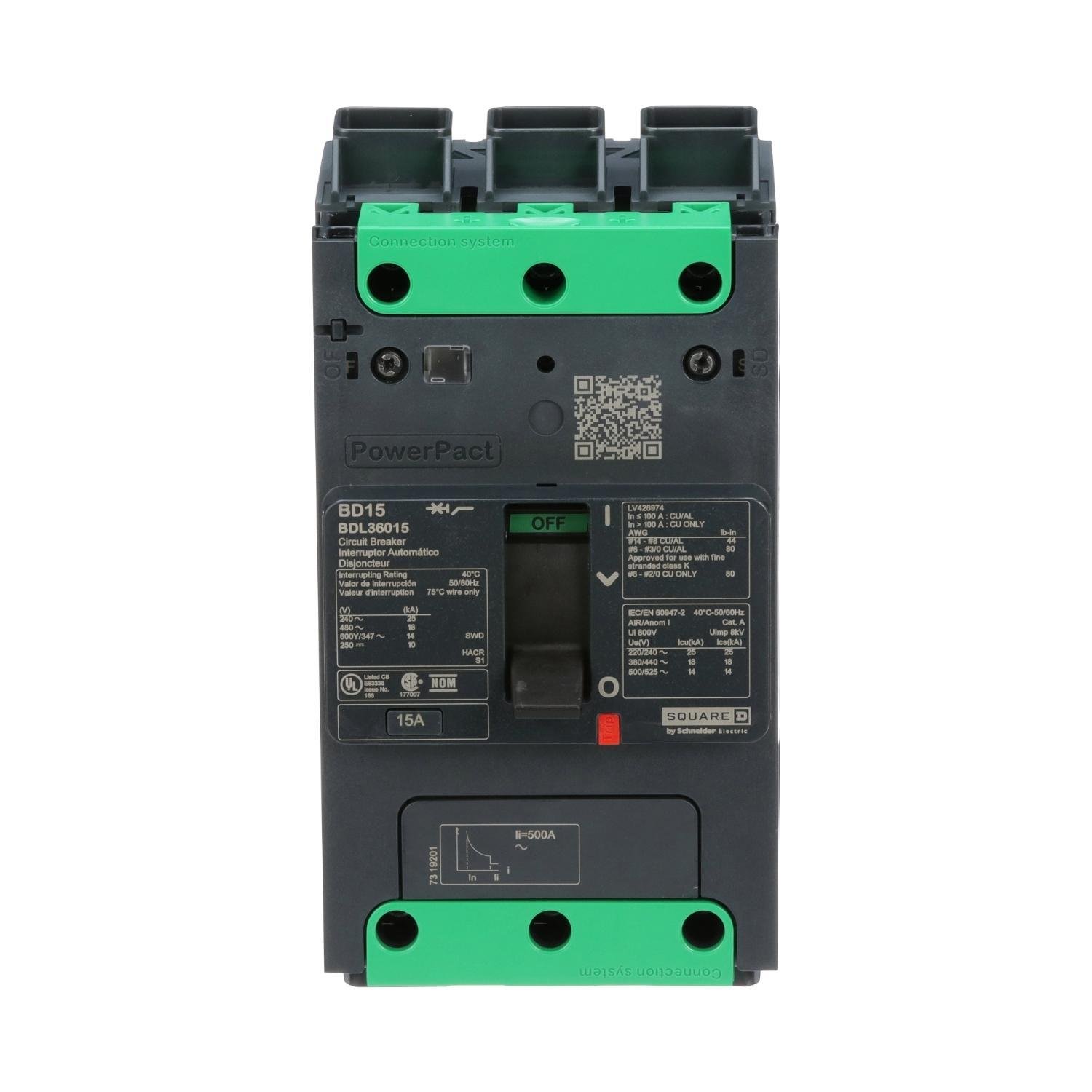 BDL36015 - Circuit breaker, PowerPacT B, 15A, 3 pole, 600Y/347VAC, 14kA, lugs, thermal magnetic, 80%