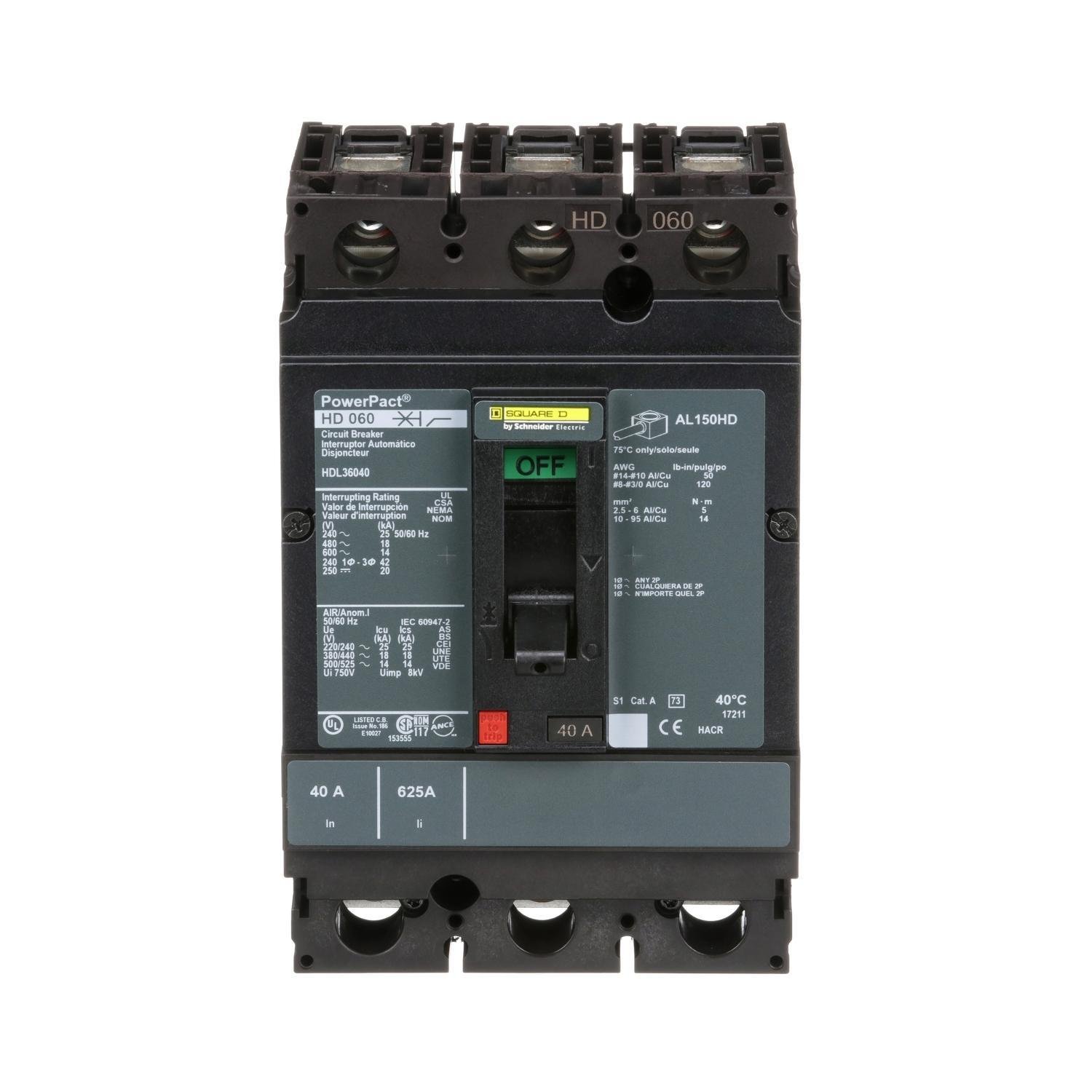 HDL36040 - Circuit breaker, PowerPacT H, 40A, 3 pole, 600VAC, 14kA, lugs, thermal magnetic, 80%