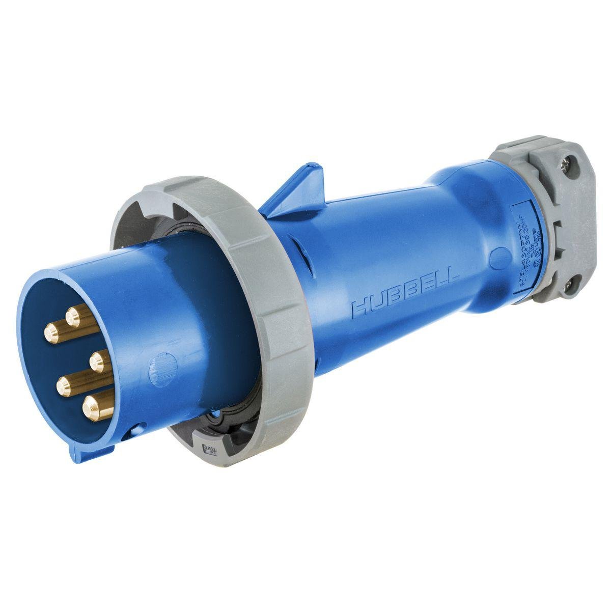 HBL560P9W - Heavy Duty Products, IEC Pin and Sleeve Devices, Industrial Grade, Male, Plug, 60A 3-Phase Wye 120/208V AC, 4- Pole 5-Wire Grounding, Terminal Screws, Blue, Watertight