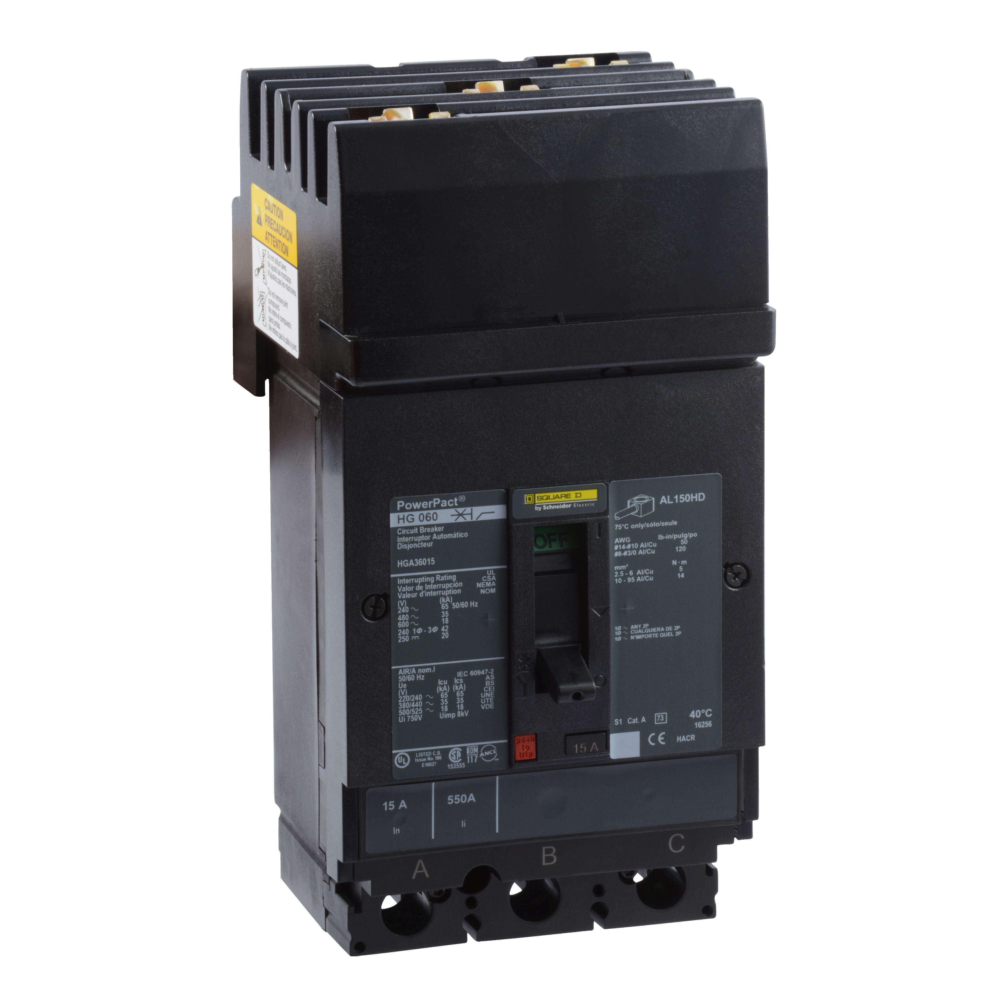 HGA36015 - Circuit breaker, PowerPacT H, 15A, 3 pole, 600VAC, 18kA, I-Line, thermal magnetic, 80%, ABC