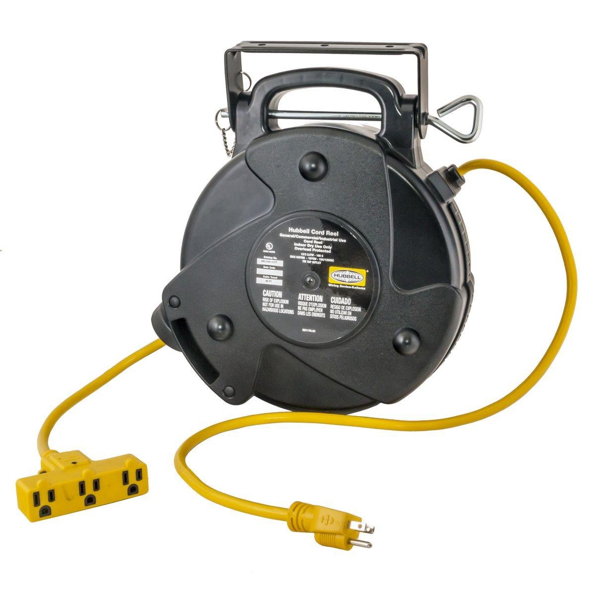 HBLC40123TT - Cord and Cable Reels, Commercial Cord Reel, 40', 15A 125V with Triple Tap, Yellow