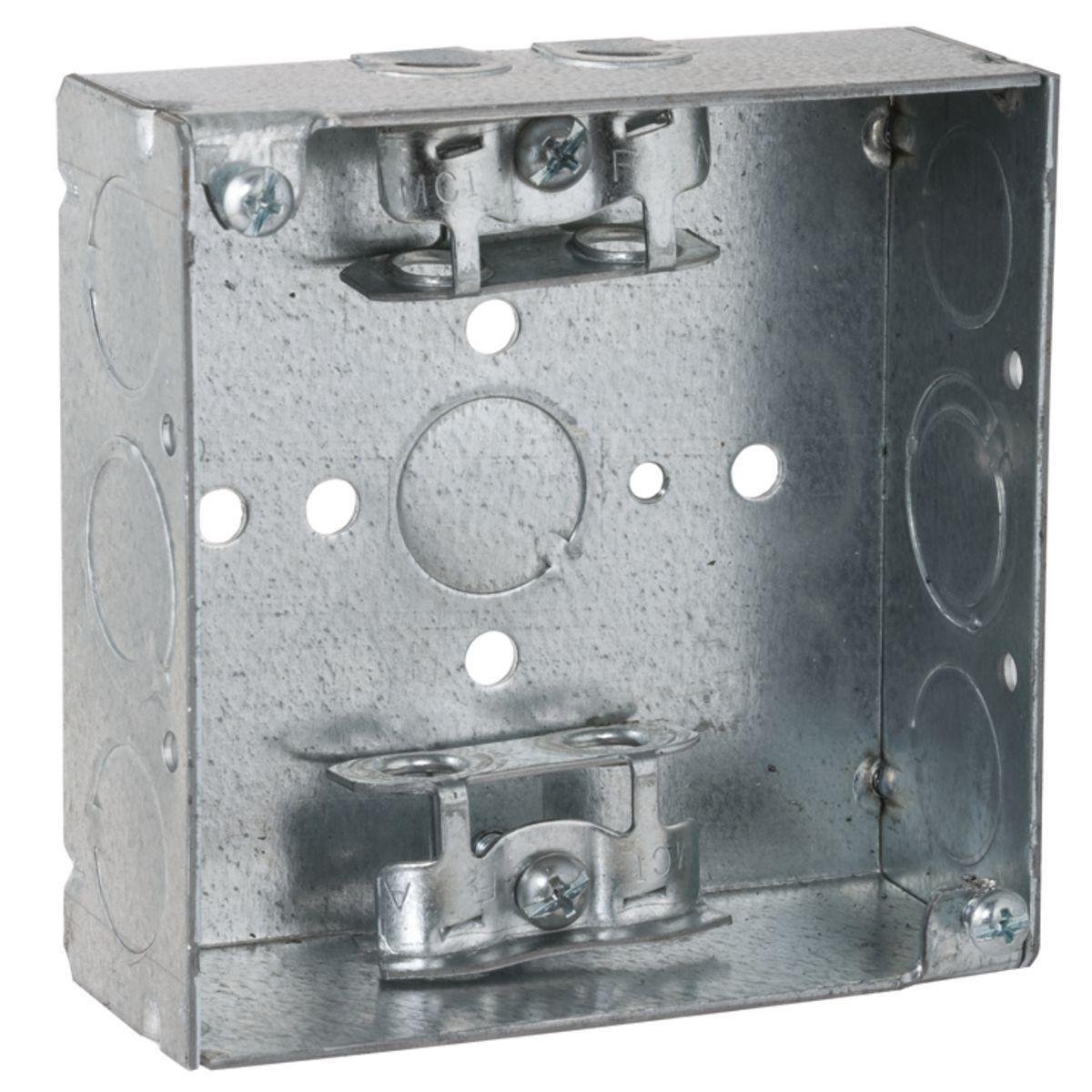 213 - 4 in. Square Box, Welded, 1-1/2 in. Deep with AC/MC/Flex Clamps, Five 1/2 in. KO's and Two TKO's