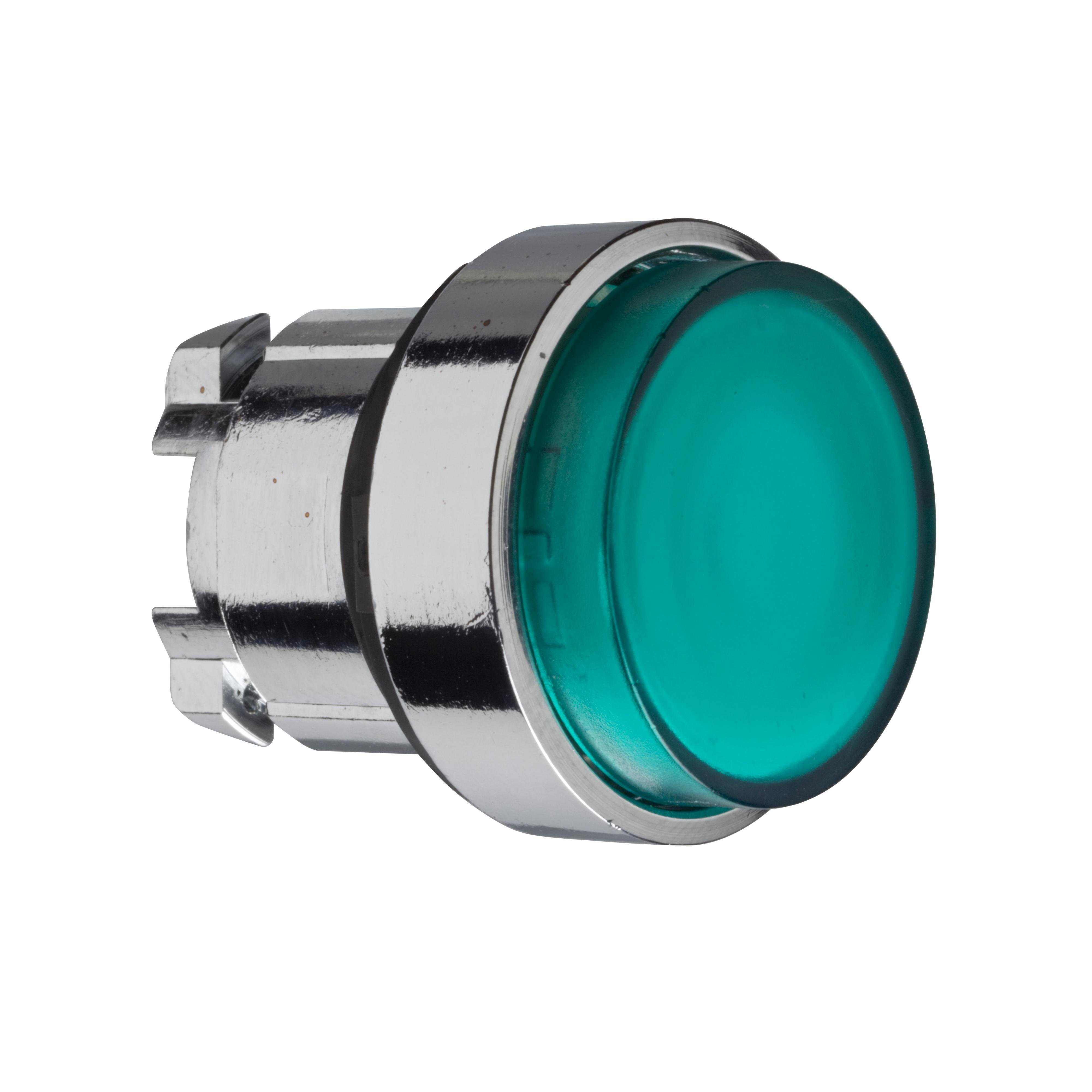 ZB4BW133 - Head for illuminated push button, Harmony XB4, metal, green projecting, 22mm, universal LED, spring return, plain lens