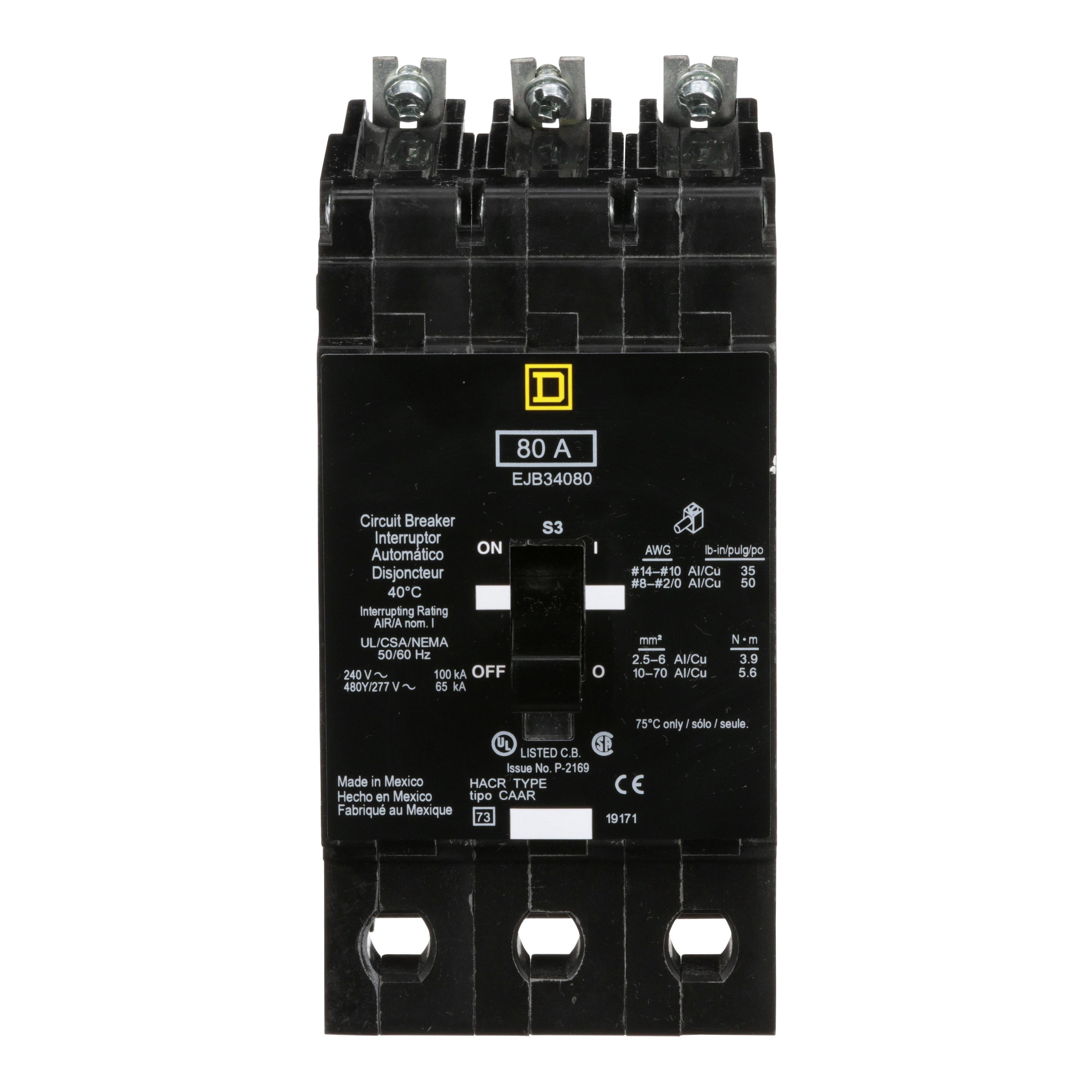 EJB34080 - Mini circuit breaker, E-Frame, 80A, 3 pole, 480Y/277VAC, 100kA max, bolt on [TAA]