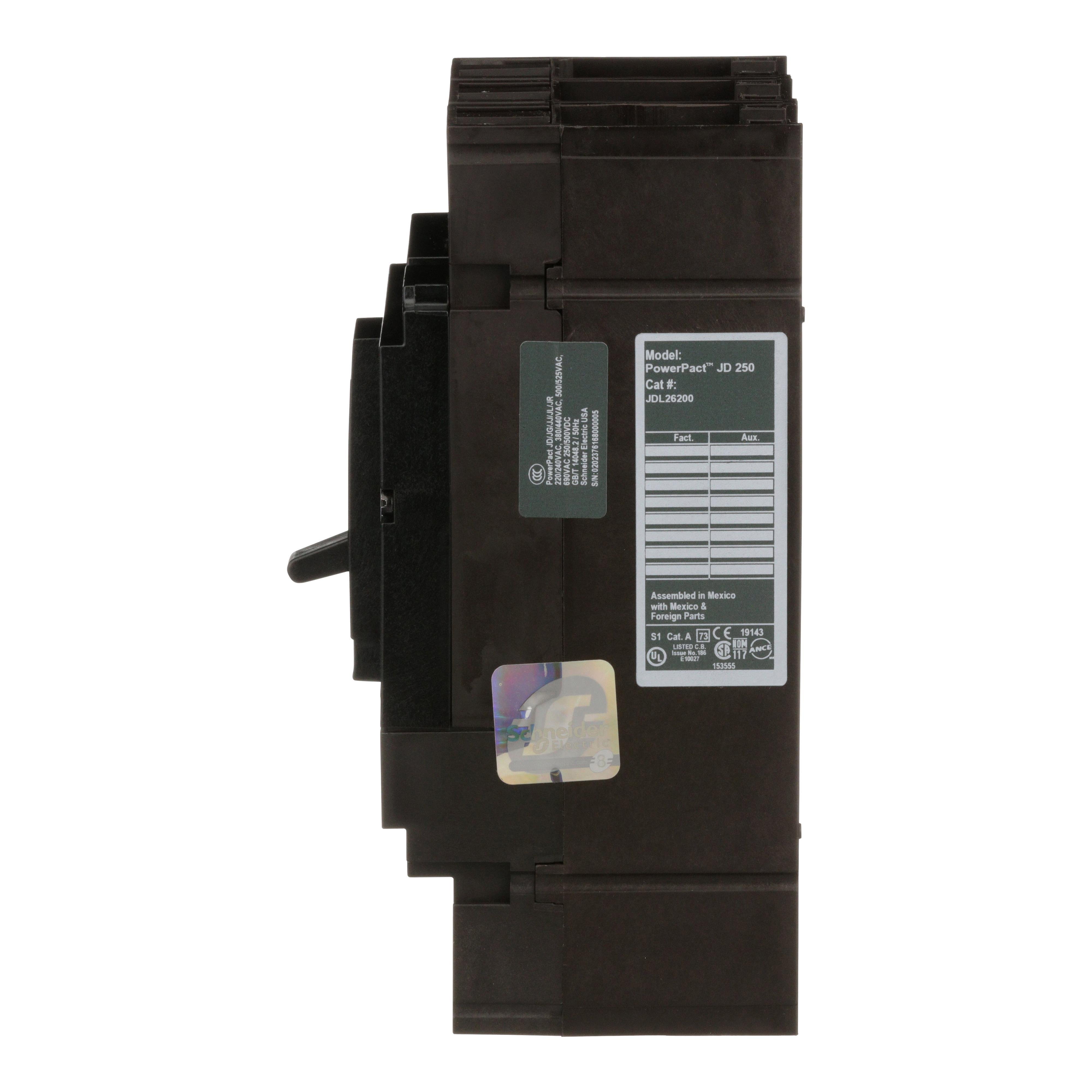 Picture of JDL26200 - Circuit breaker, PowerPacT J, 200A, 2 pole, 600VAC, 14kA, lugs, thermal magnetic, 80%
