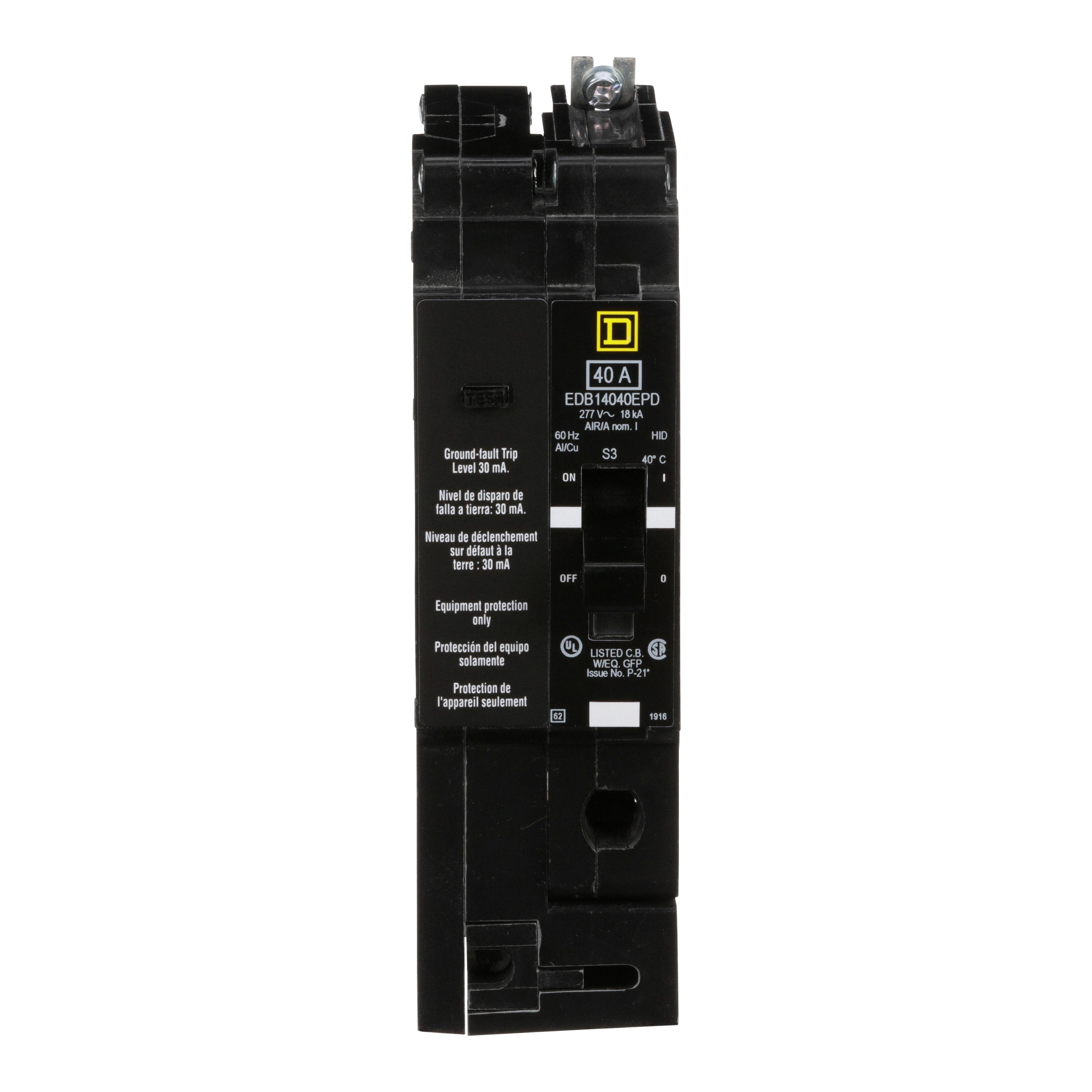 EDB14040EPD - Mini circuit breaker, E-Frame, 40A, 1 pole, 277VAC, 25kA max, bolt on, 30mA ground fault protection [TAA]