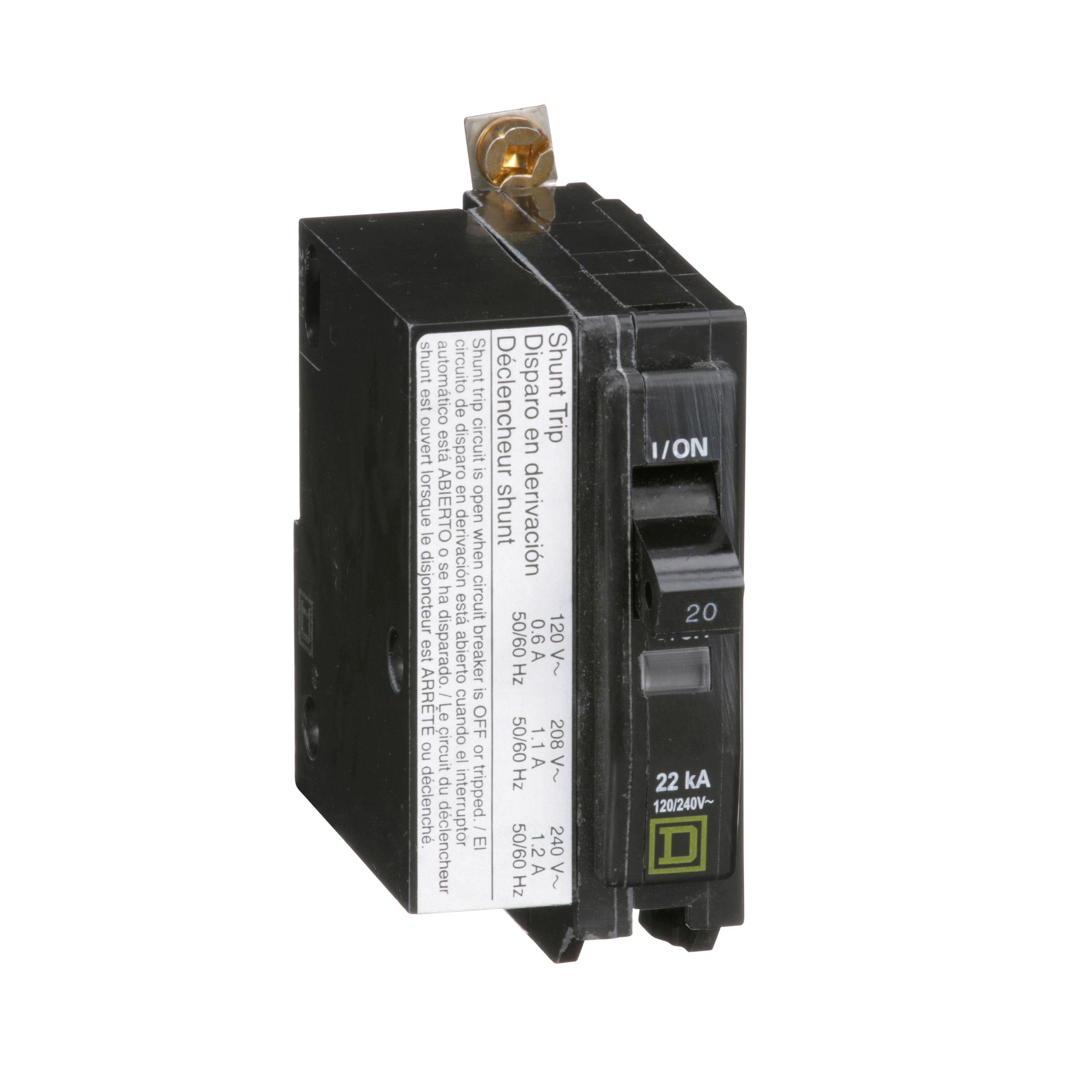 Picture of QOB120VH1021 - Mini circuit breaker, QO, 20A, 1 pole, 120/240VAC, 22kA, bolt on, AC shunt
