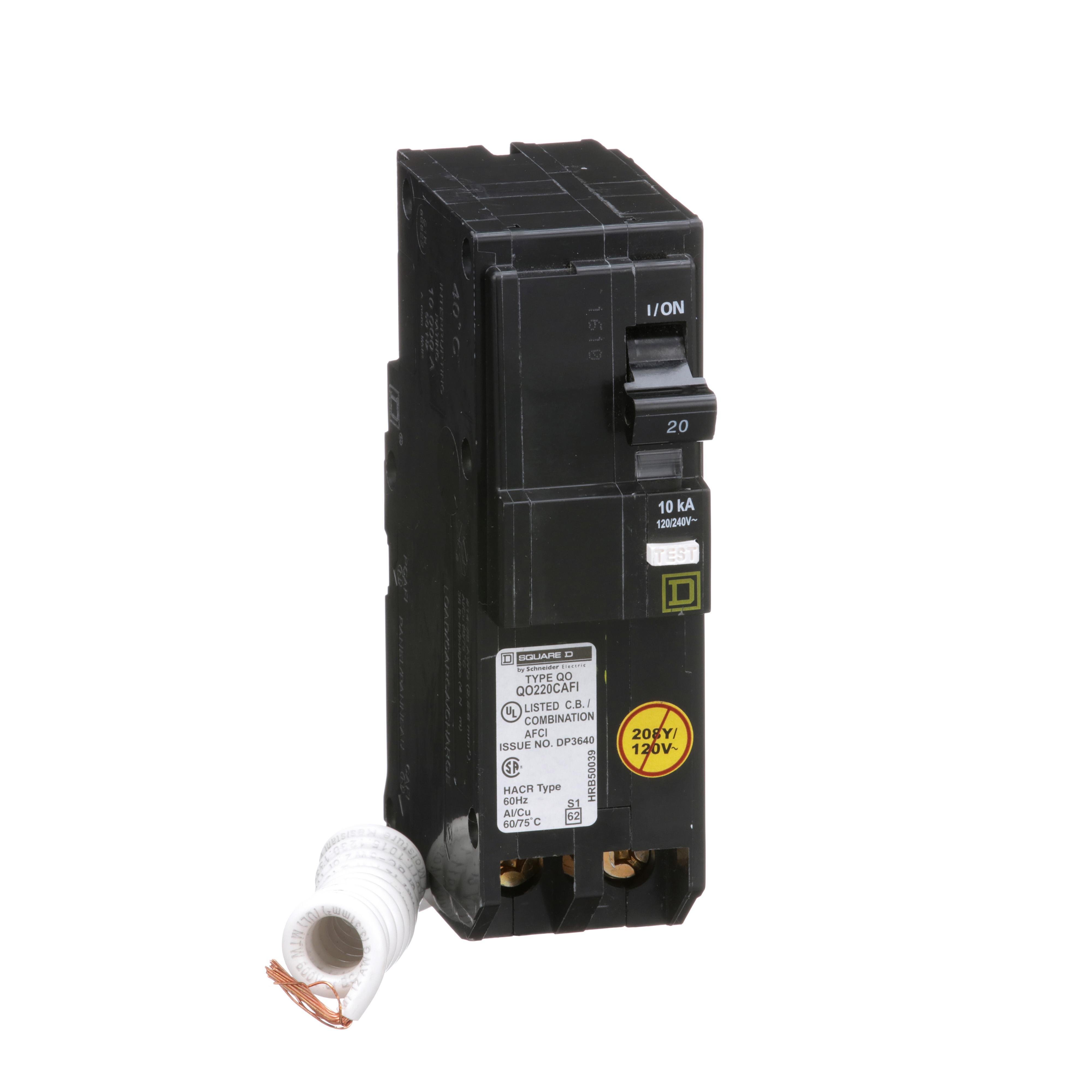 QO220CAFI - [TAA] Mini circuit breaker, QO, 20A, 2 pole, 120/240VAC, 10kA, plug in, combo ARC fault, pigtail