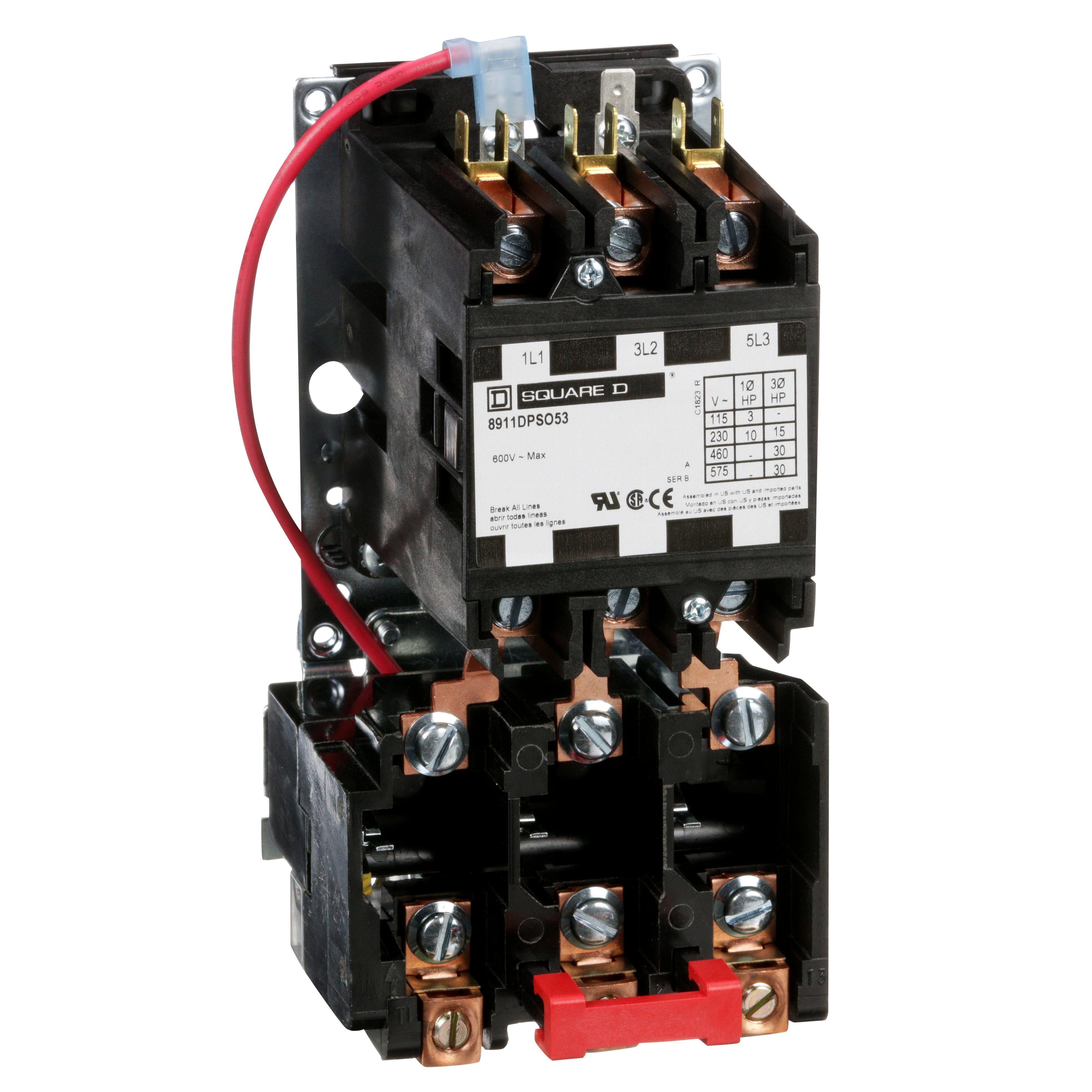 Picture of 8911DPSO53V02 - NEMA starter, Definite Purpose, 50A, 30HP at 600VAC, 3 phase, 3 pole, melting alloy, 120VAC coil, open