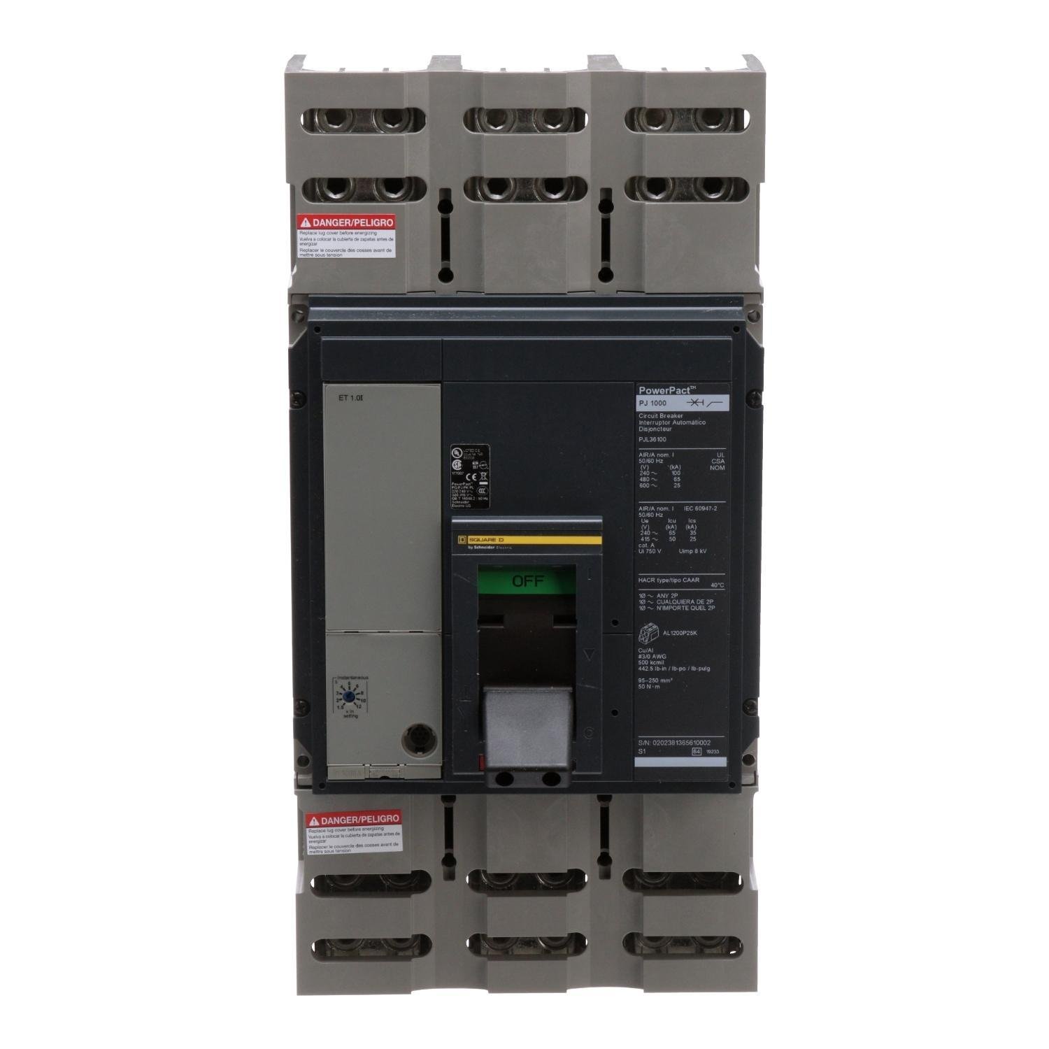 PJL36100 - Circuit breaker, PowerPacT P, 1000A, 3 pole, 600VAC, 25kA, lugs, ET1.0l, 80%